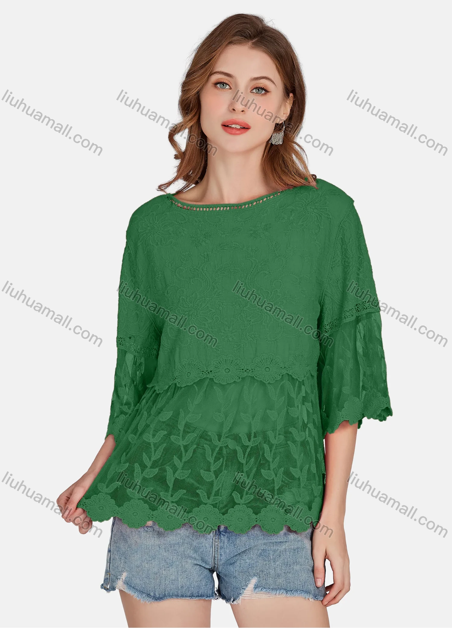Wholesale Women's Casual 3/4 Sleeve Hollow Out Embroidered Guipure Lace Blouse 2001# - Liuhuamall