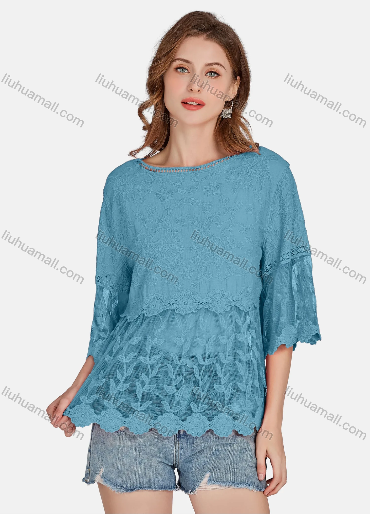 Wholesale Women's Casual 3/4 Sleeve Hollow Out Embroidered Guipure Lace Blouse 2001# - Liuhuamall