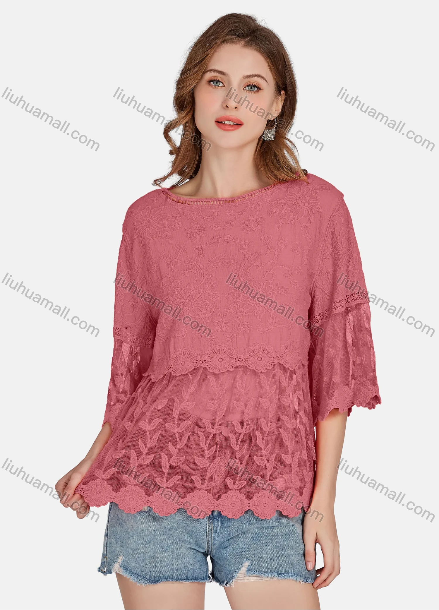 Wholesale Women's Casual 3/4 Sleeve Hollow Out Embroidered Guipure Lace Blouse 2001# - Liuhuamall