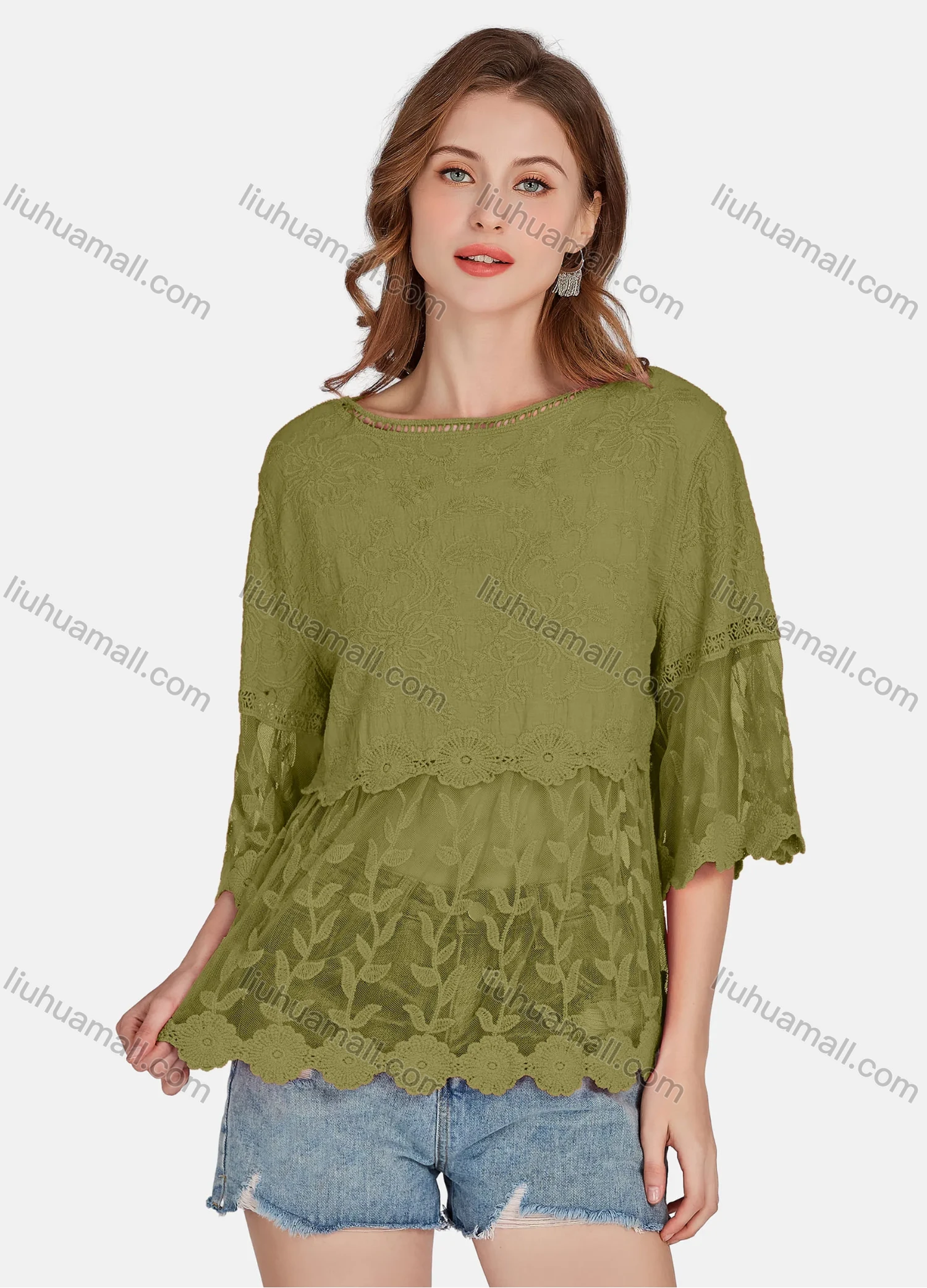 Wholesale Women's Casual 3/4 Sleeve Hollow Out Embroidered Guipure Lace Blouse 2001# - Liuhuamall