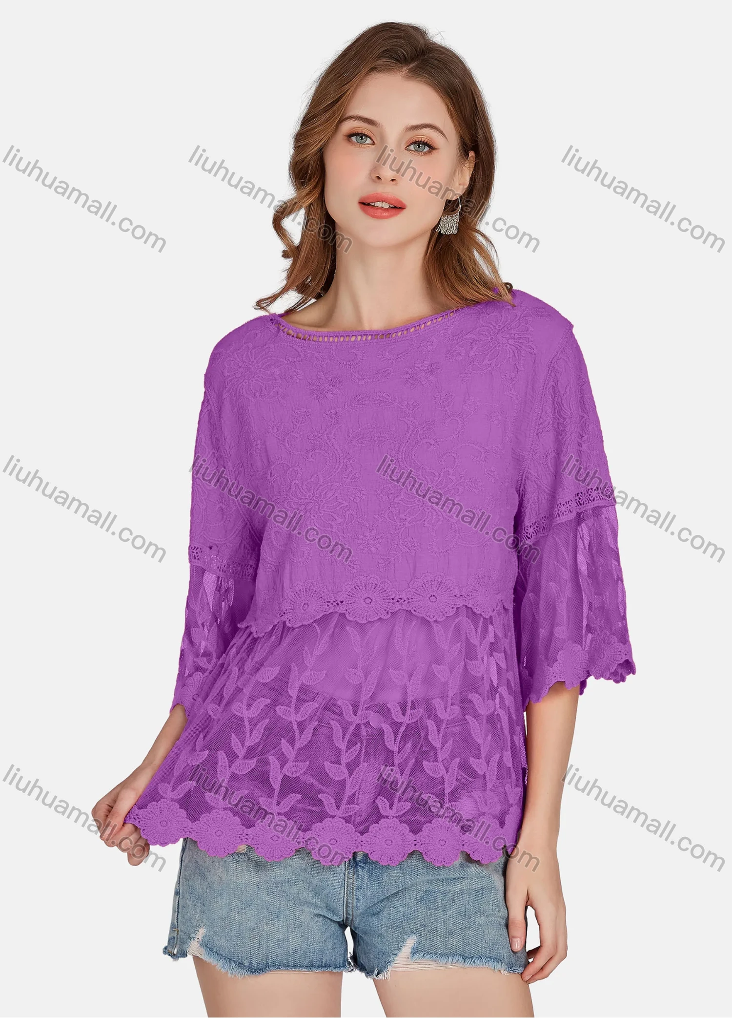 Wholesale Women's Casual 3/4 Sleeve Hollow Out Embroidered Guipure Lace Blouse 2001# - Liuhuamall