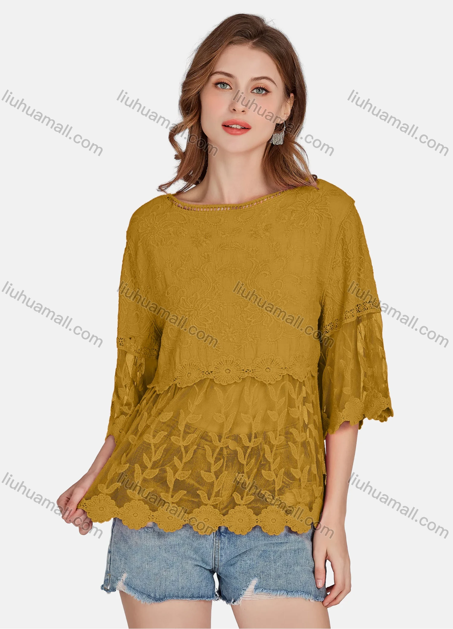 Wholesale Women's Casual 3/4 Sleeve Hollow Out Embroidered Guipure Lace Blouse 2001# - Liuhuamall