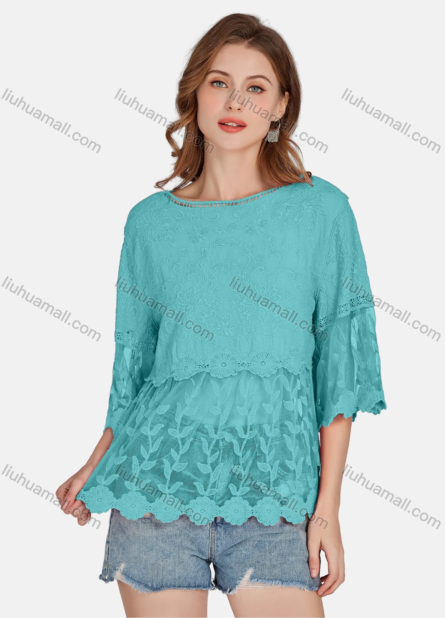 Wholesale Women's Casual 3/4 Sleeve Hollow Out Embroidered Guipure Lace Blouse 2001# - Liuhuamall
