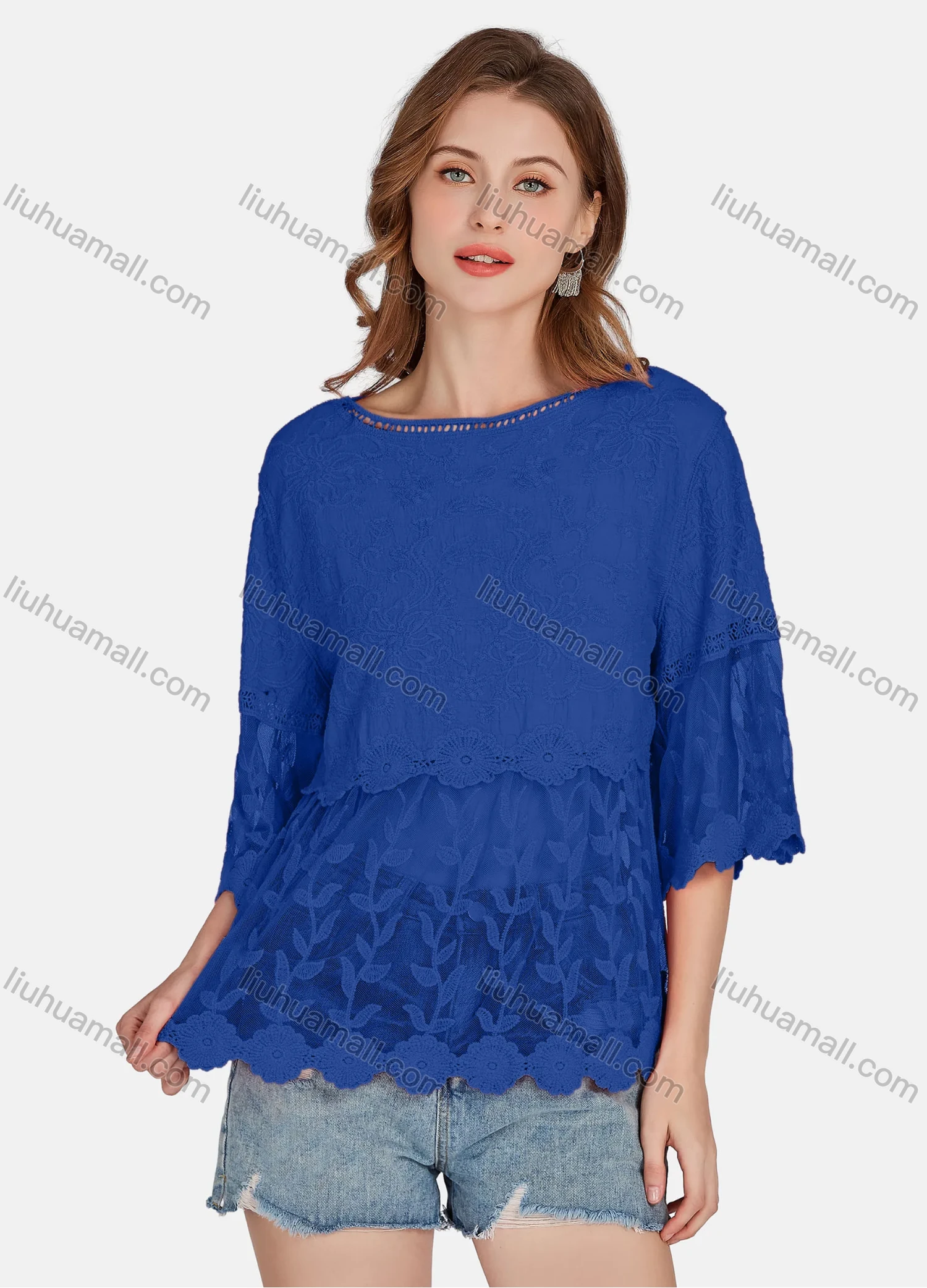 Wholesale Women's Casual 3/4 Sleeve Hollow Out Embroidered Guipure Lace Blouse 2001# - Liuhuamall