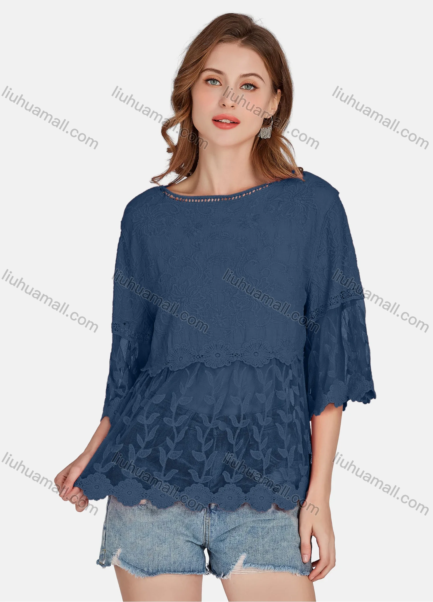 Wholesale Women's Casual 3/4 Sleeve Hollow Out Embroidered Guipure Lace Blouse 2001# - Liuhuamall