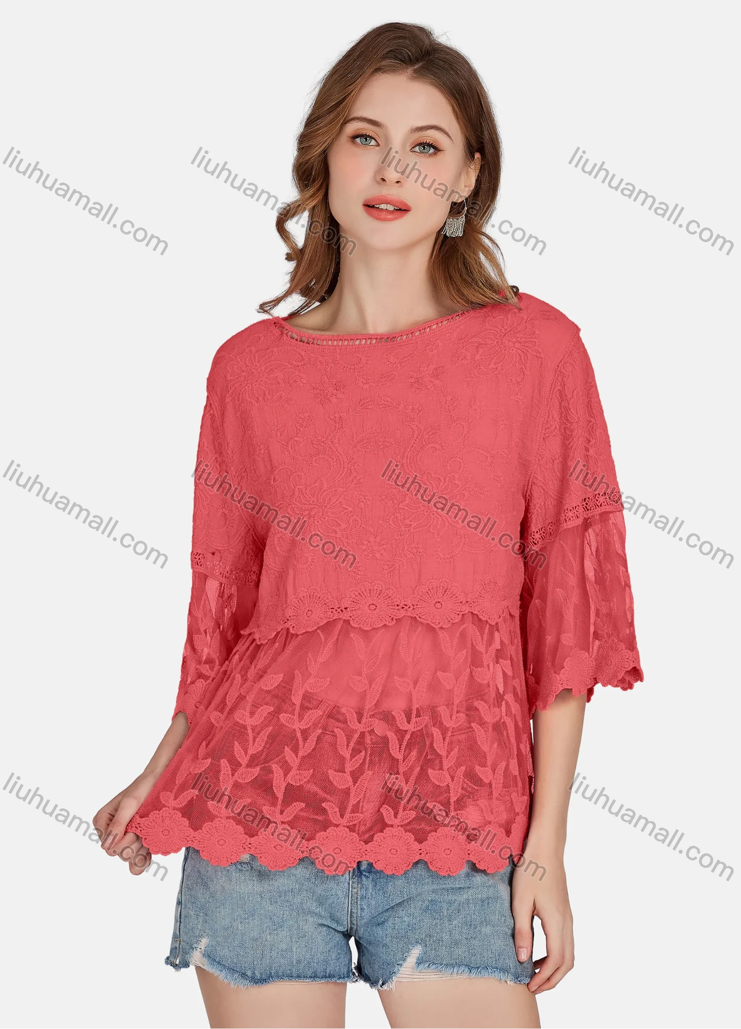Wholesale Women's Casual 3/4 Sleeve Hollow Out Embroidered Guipure Lace Blouse 2001# - Liuhuamall