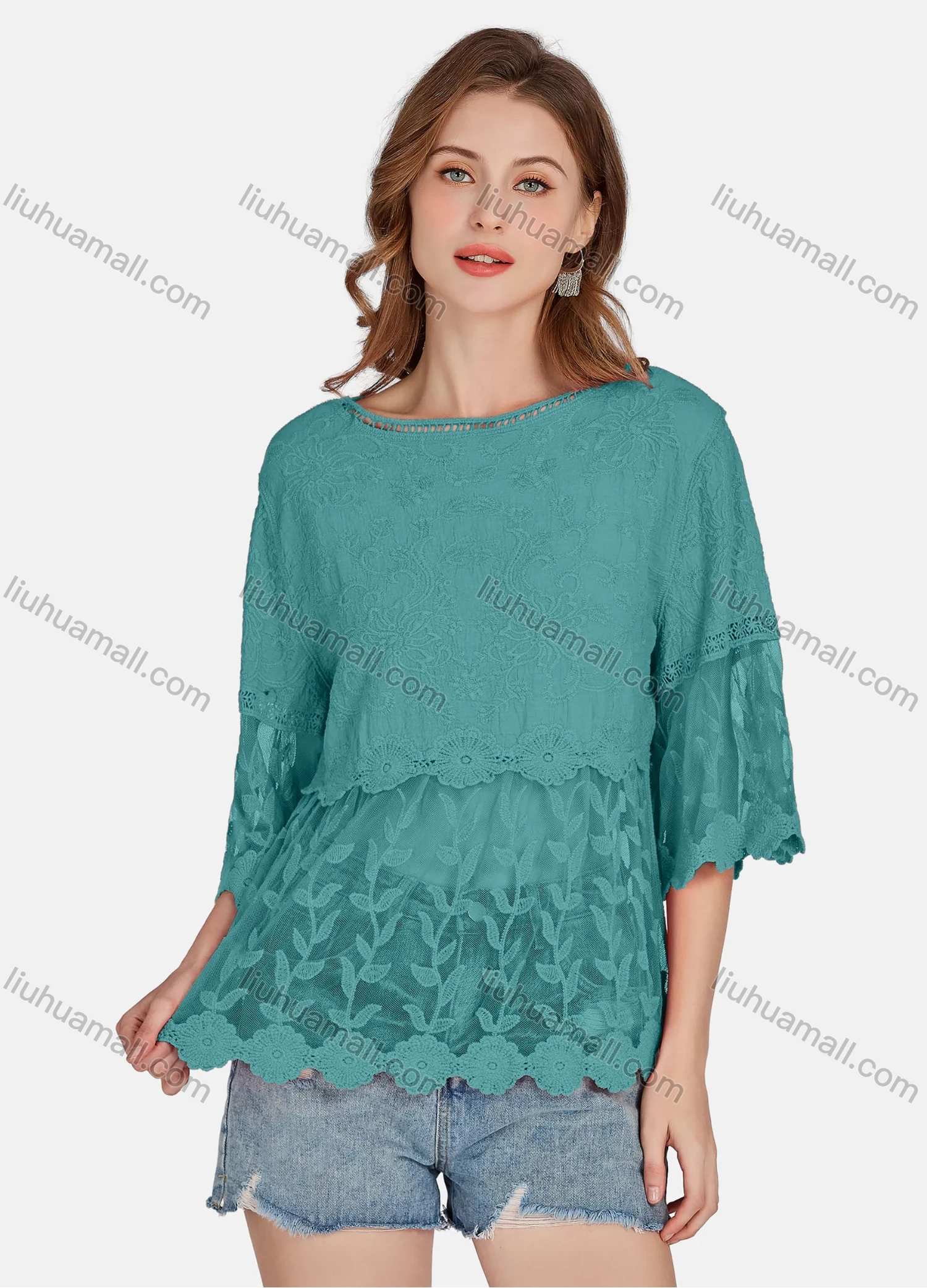 Wholesale Women's Casual 3/4 Sleeve Hollow Out Embroidered Guipure Lace Blouse 2001# - Liuhuamall