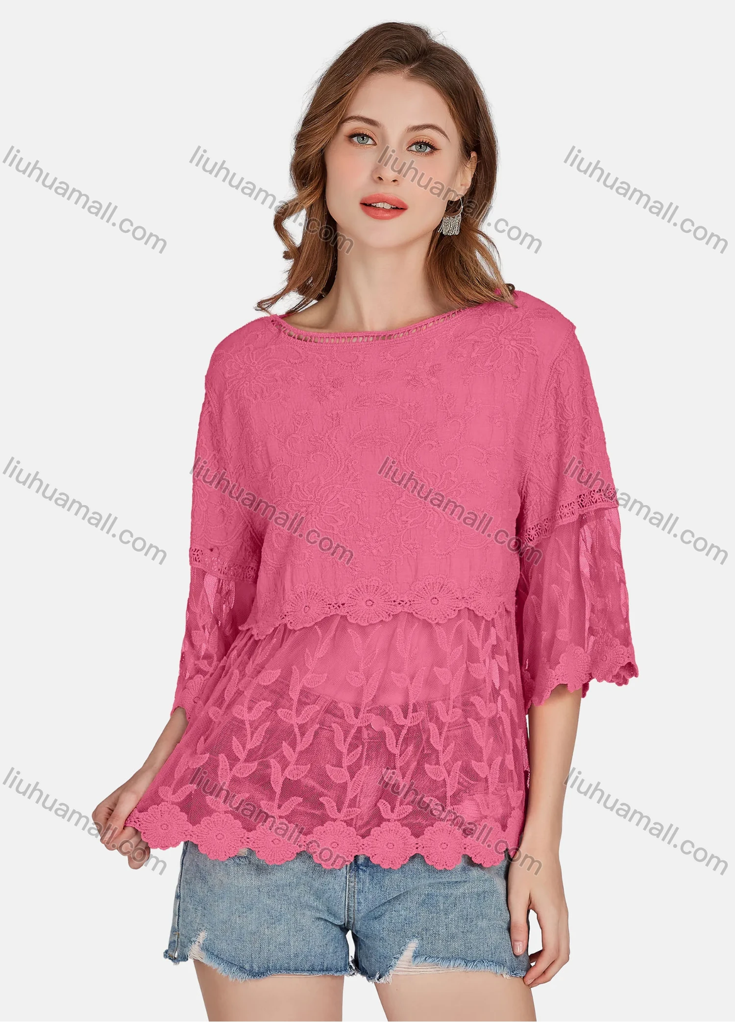 Wholesale Women's Casual 3/4 Sleeve Hollow Out Embroidered Guipure Lace Blouse 2001# - Liuhuamall