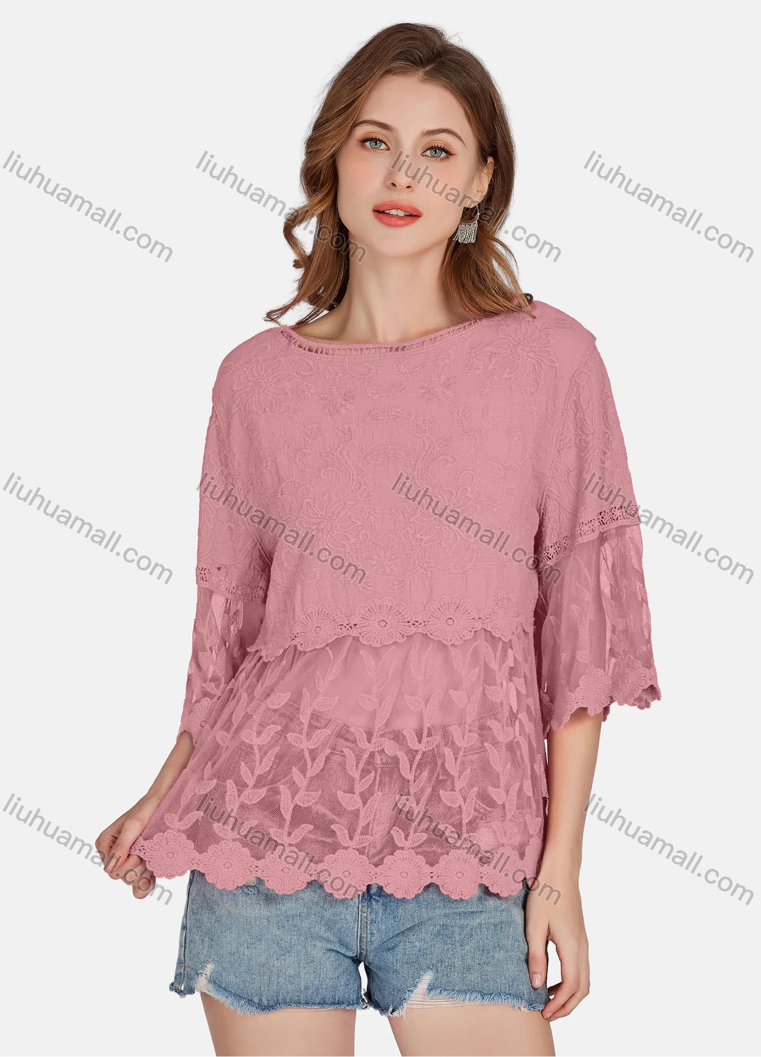 Wholesale Women's Casual 3/4 Sleeve Hollow Out Embroidered Guipure Lace Blouse 2001# - Liuhuamall