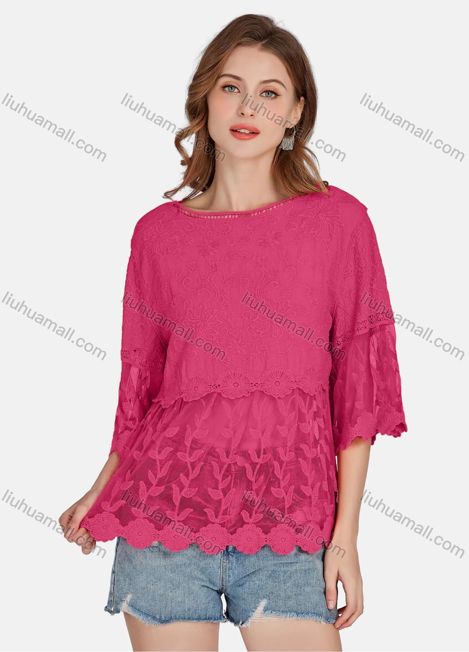 Wholesale Women's Casual 3/4 Sleeve Hollow Out Embroidered Guipure Lace Blouse 2001# - Liuhuamall