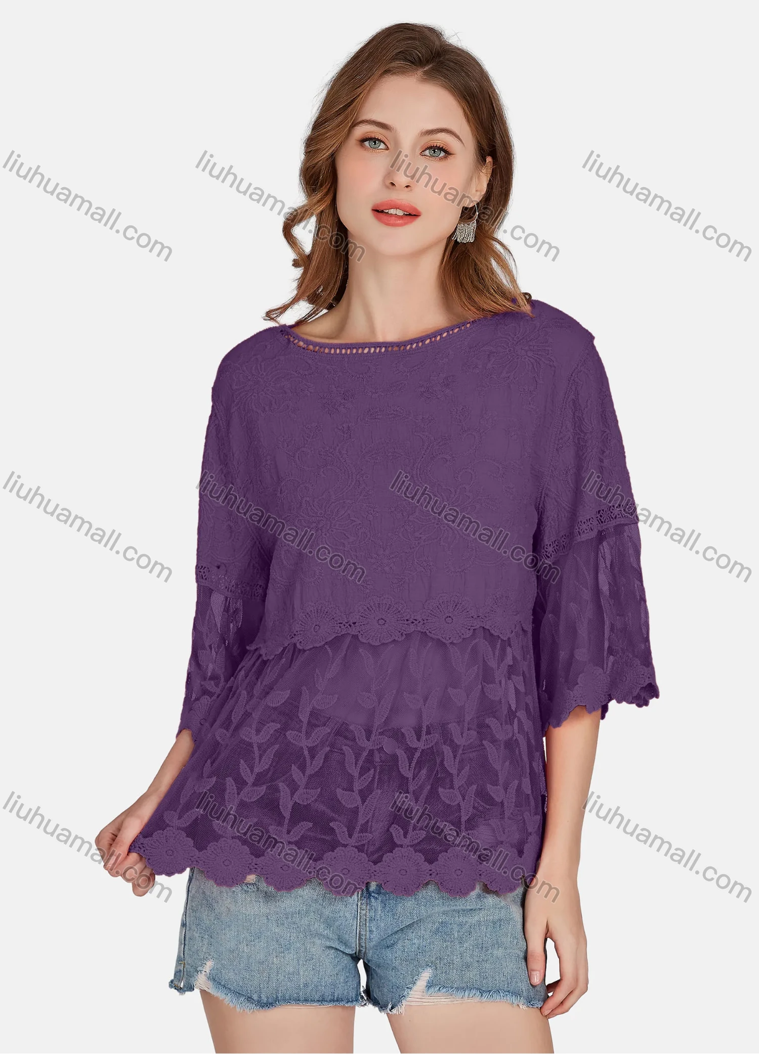 Wholesale Women's Casual 3/4 Sleeve Hollow Out Embroidered Guipure Lace Blouse 2001# - Liuhuamall