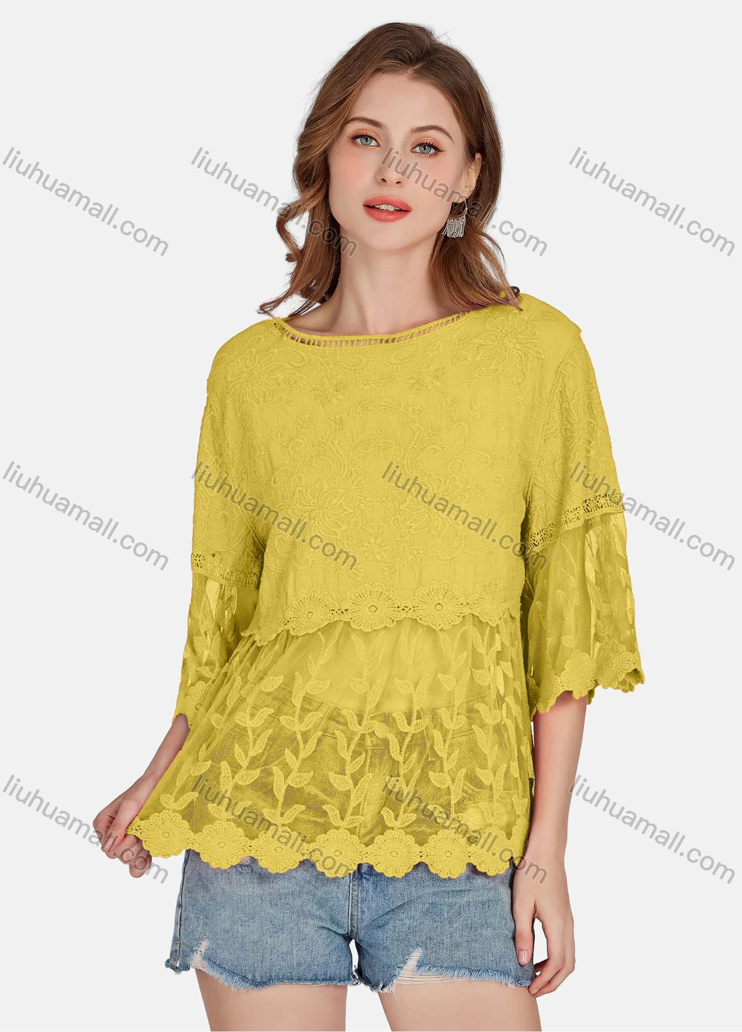 Wholesale Women's Casual 3/4 Sleeve Hollow Out Embroidered Guipure Lace Blouse 2001# - Liuhuamall