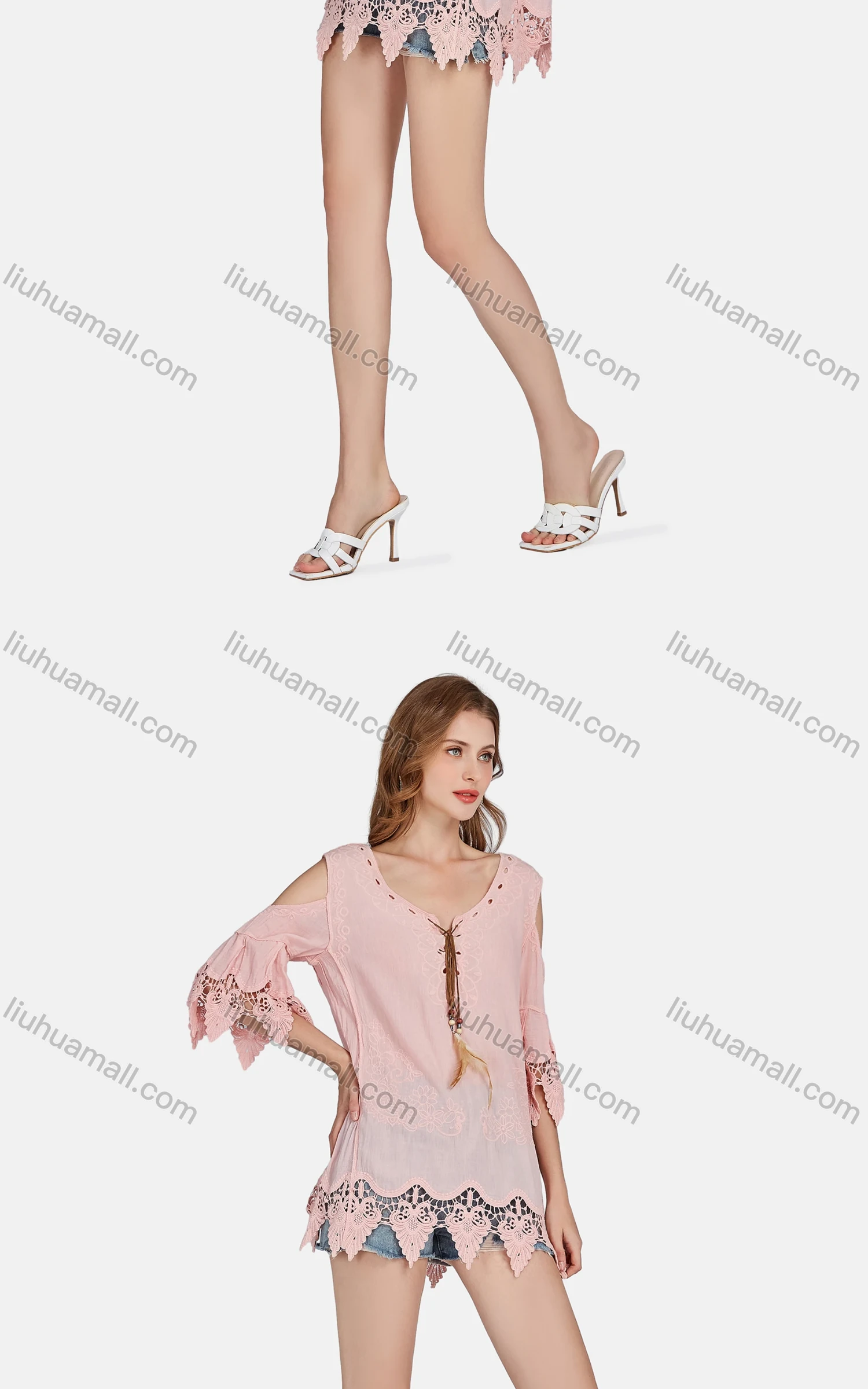 Wholesale Women's Casual Cold Shoulder Embroidered Tassel Lace Blouse 2002# - Liuhuamall