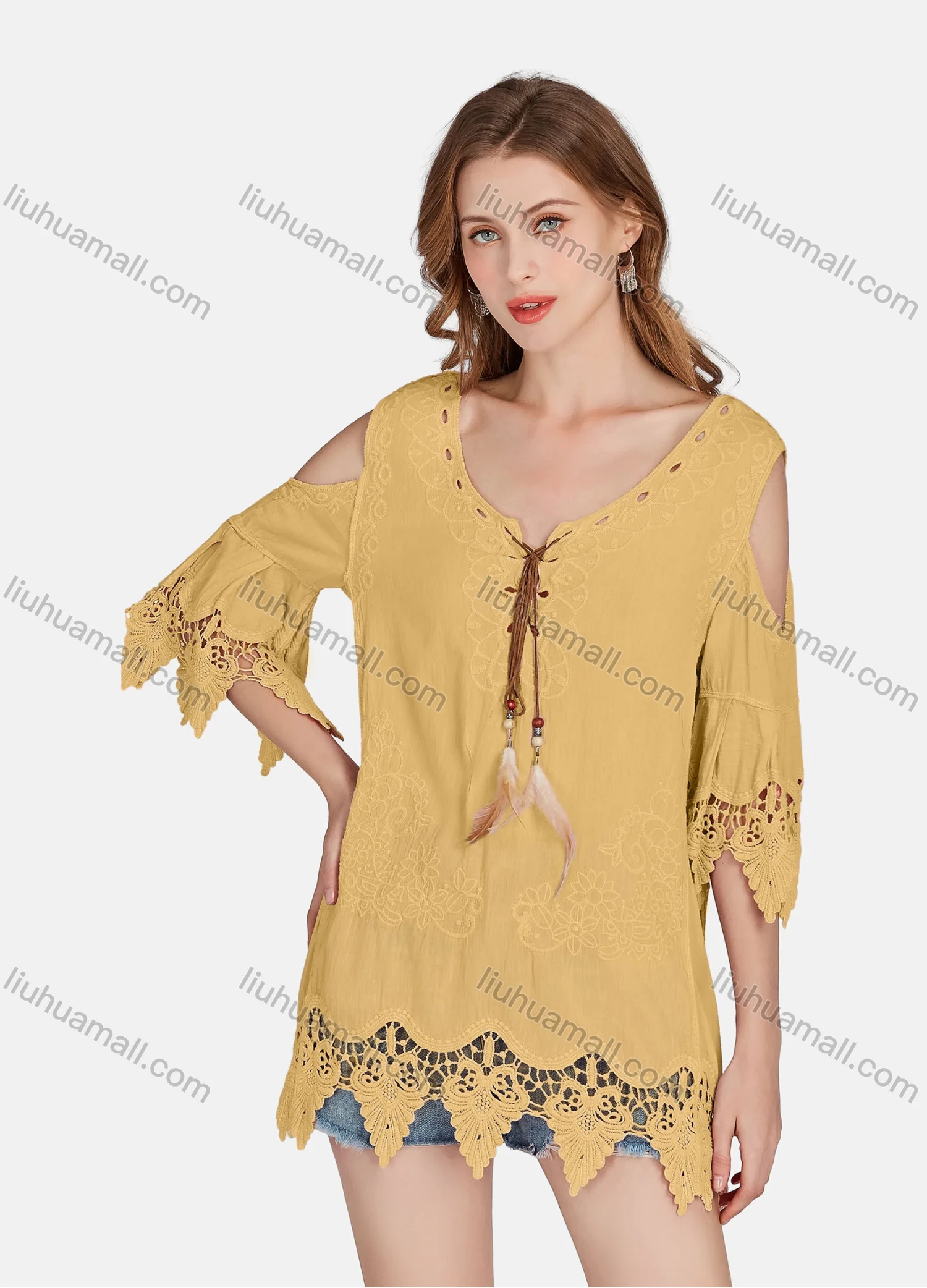 Wholesale Women's Casual Cold Shoulder Embroidered Tassel Lace Blouse 2002# - Liuhuamall