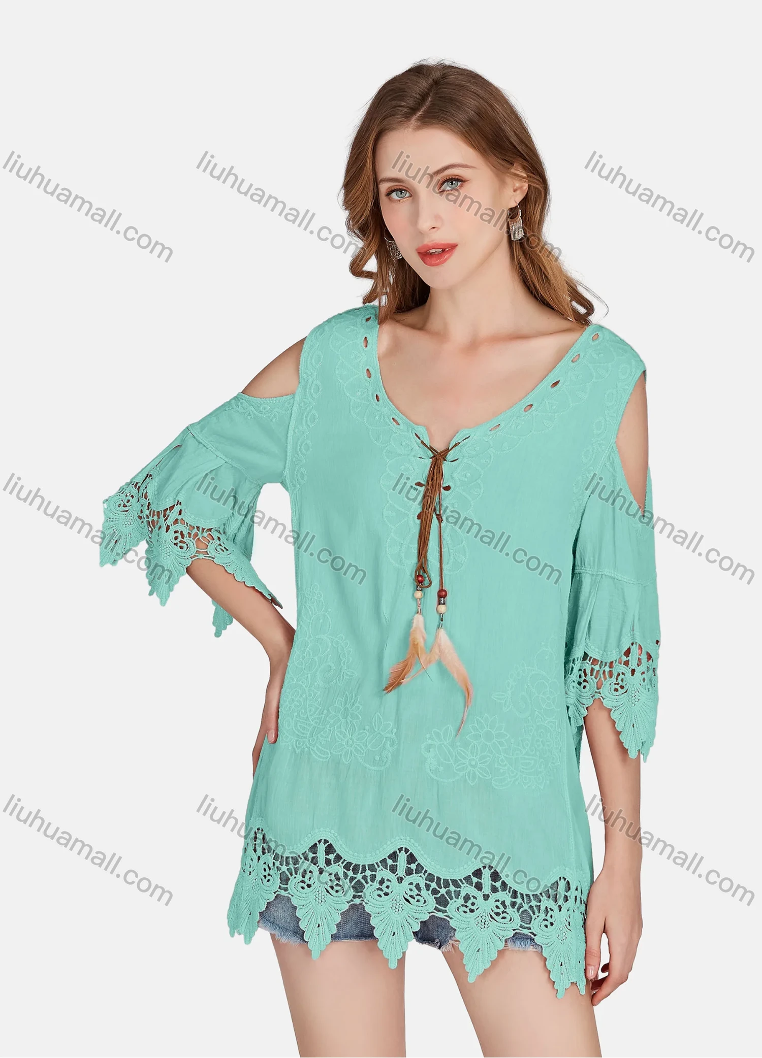 Wholesale Women's Casual Cold Shoulder Embroidered Tassel Lace Blouse 2002# - Liuhuamall