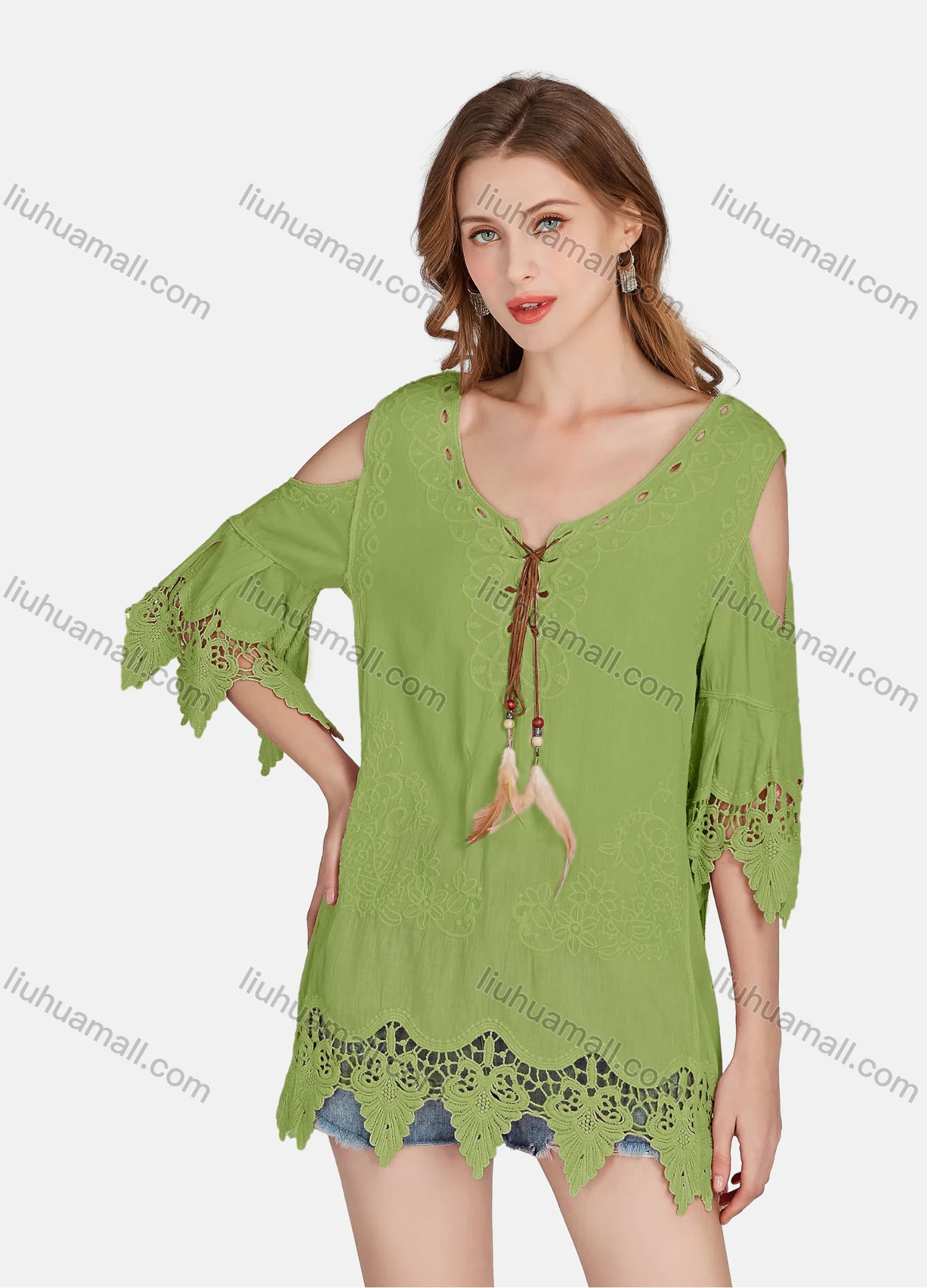 Wholesale Women's Casual Cold Shoulder Embroidered Tassel Lace Blouse 2002# - Liuhuamall
