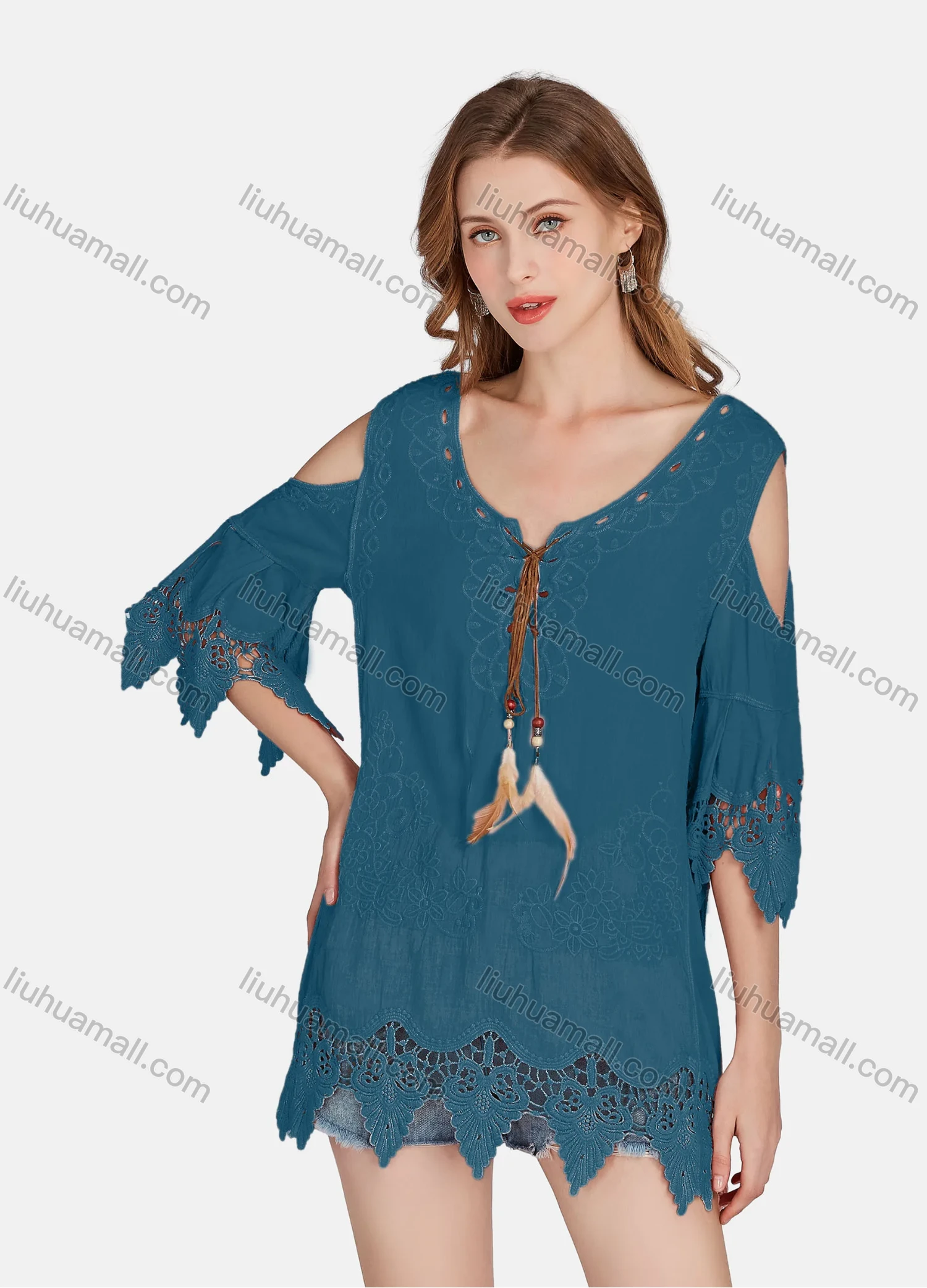 Wholesale Women's Casual Cold Shoulder Embroidered Tassel Lace Blouse 2002# - Liuhuamall