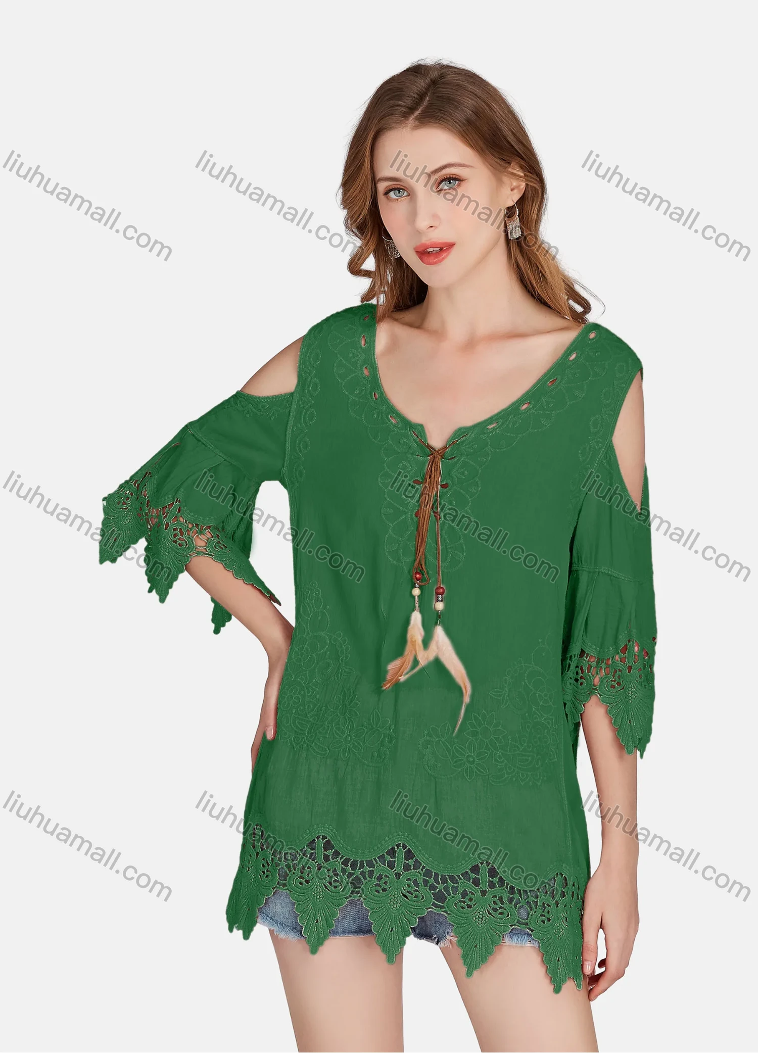 Wholesale Women's Casual Cold Shoulder Embroidered Tassel Lace Blouse 2002# - Liuhuamall