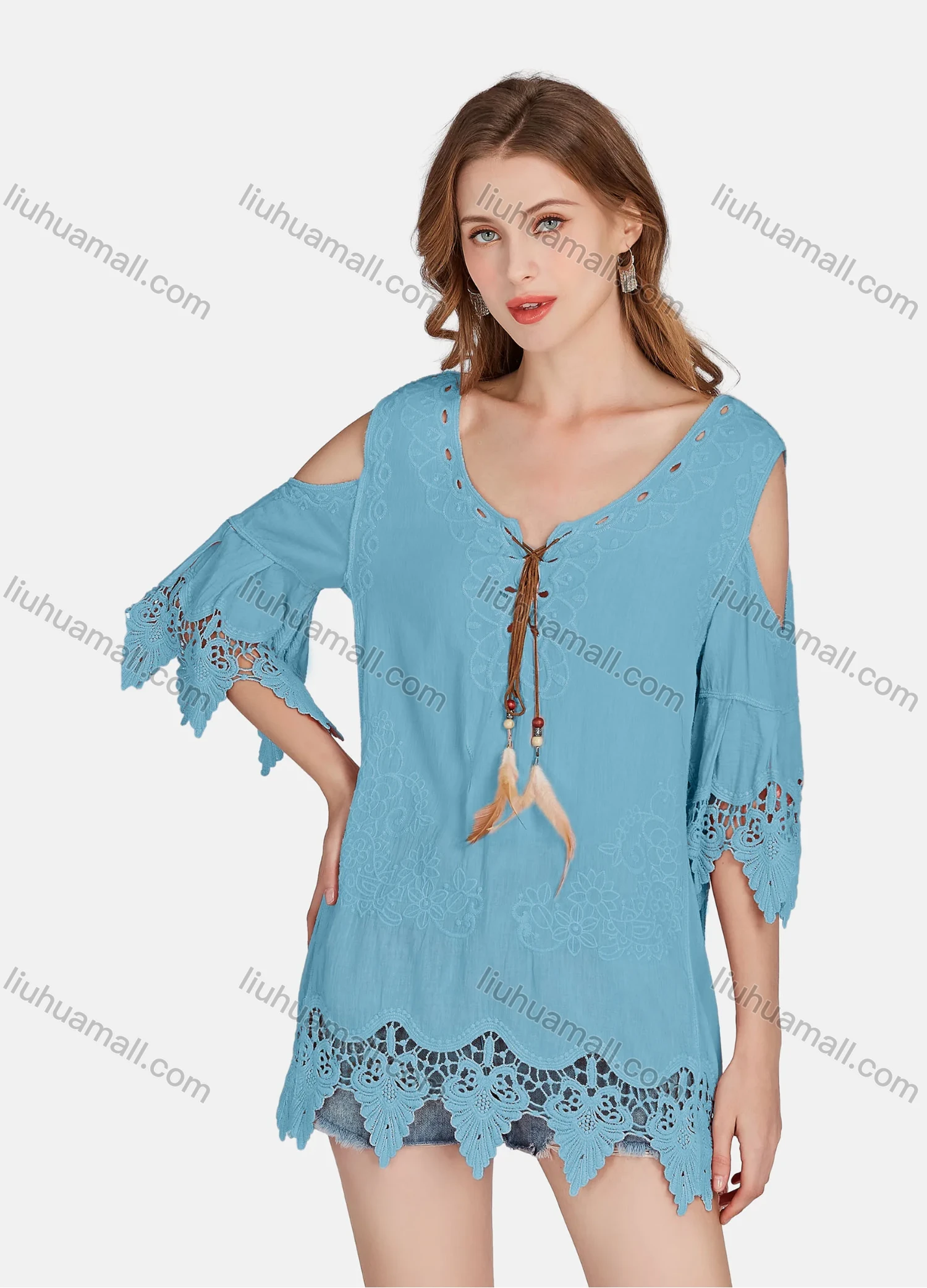 Wholesale Women's Casual Cold Shoulder Embroidered Tassel Lace Blouse 2002# - Liuhuamall