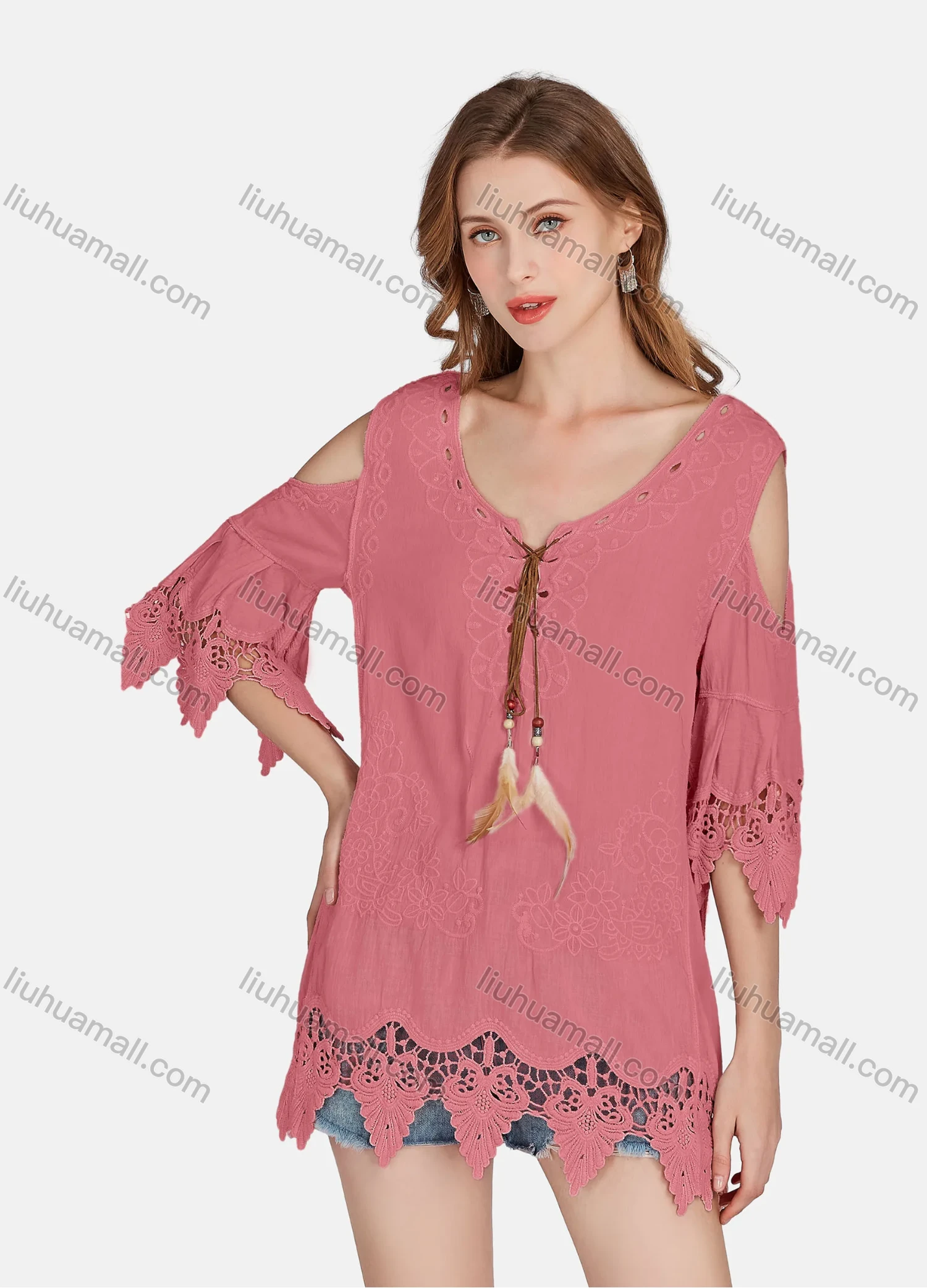 Wholesale Women's Casual Cold Shoulder Embroidered Tassel Lace Blouse 2002# - Liuhuamall