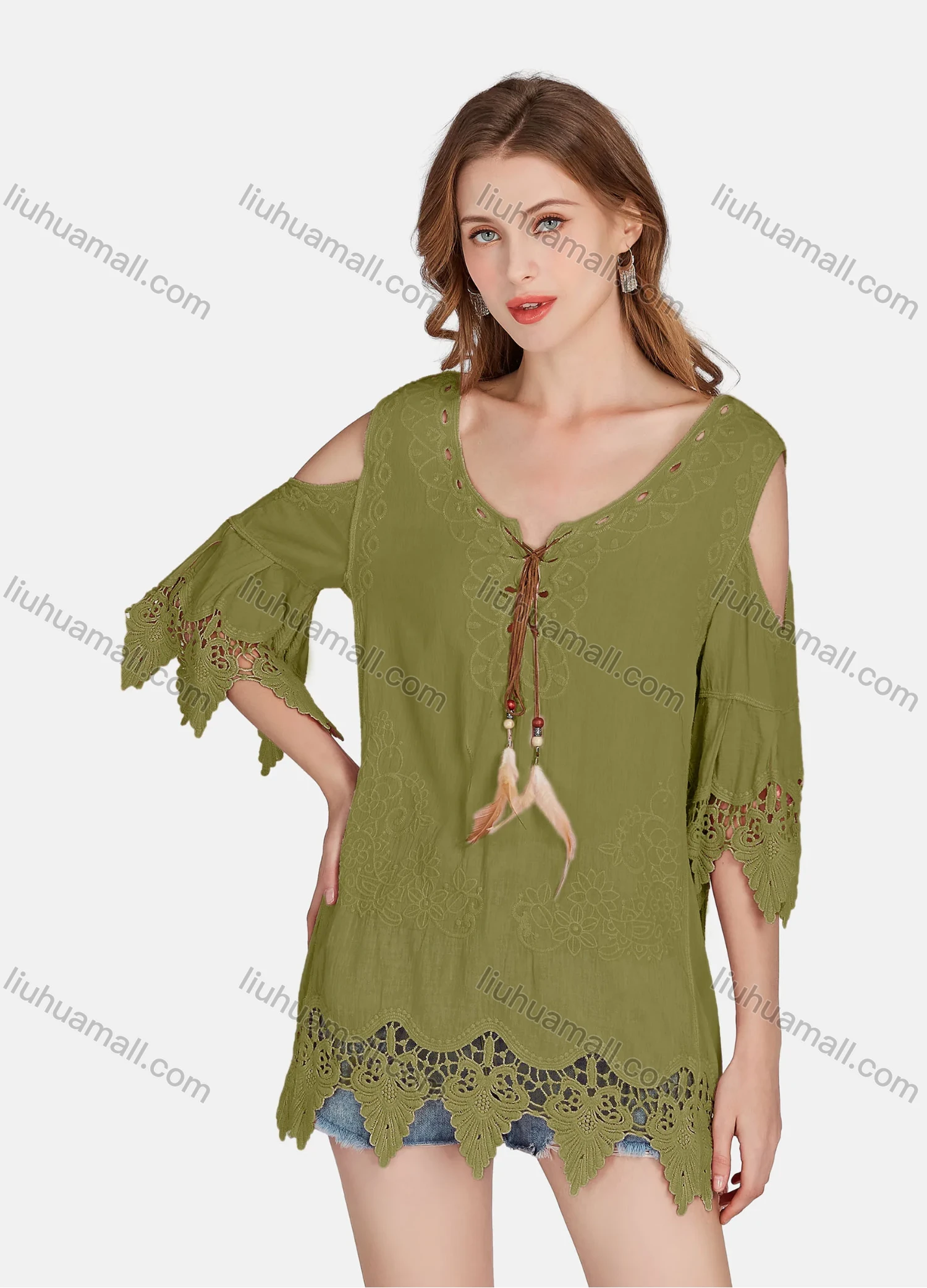 Wholesale Women's Casual Cold Shoulder Embroidered Tassel Lace Blouse 2002# - Liuhuamall
