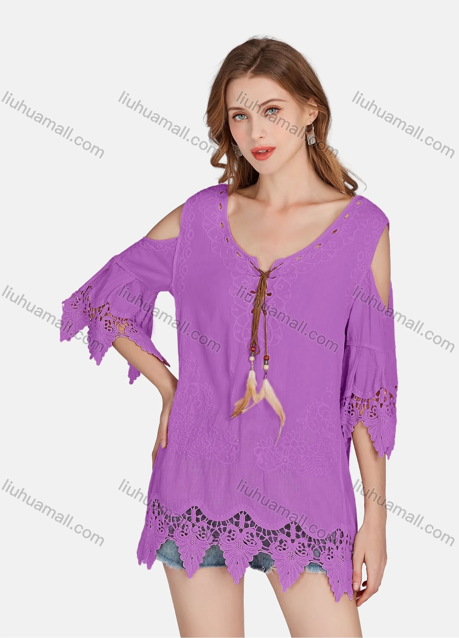 Wholesale Women's Casual Cold Shoulder Embroidered Tassel Lace Blouse 2002# - Liuhuamall