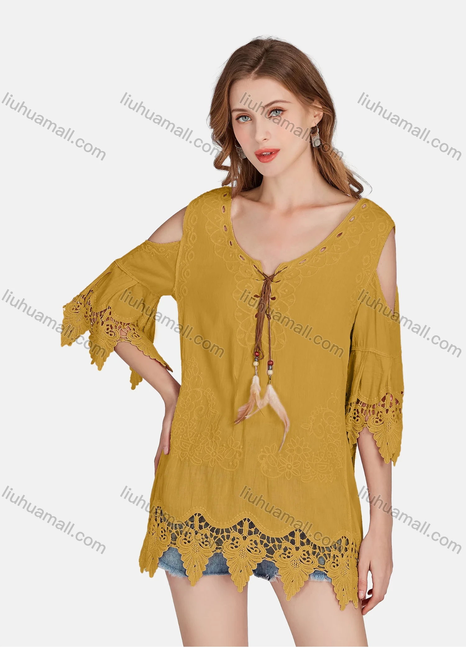 Wholesale Women's Casual Cold Shoulder Embroidered Tassel Lace Blouse 2002# - Liuhuamall