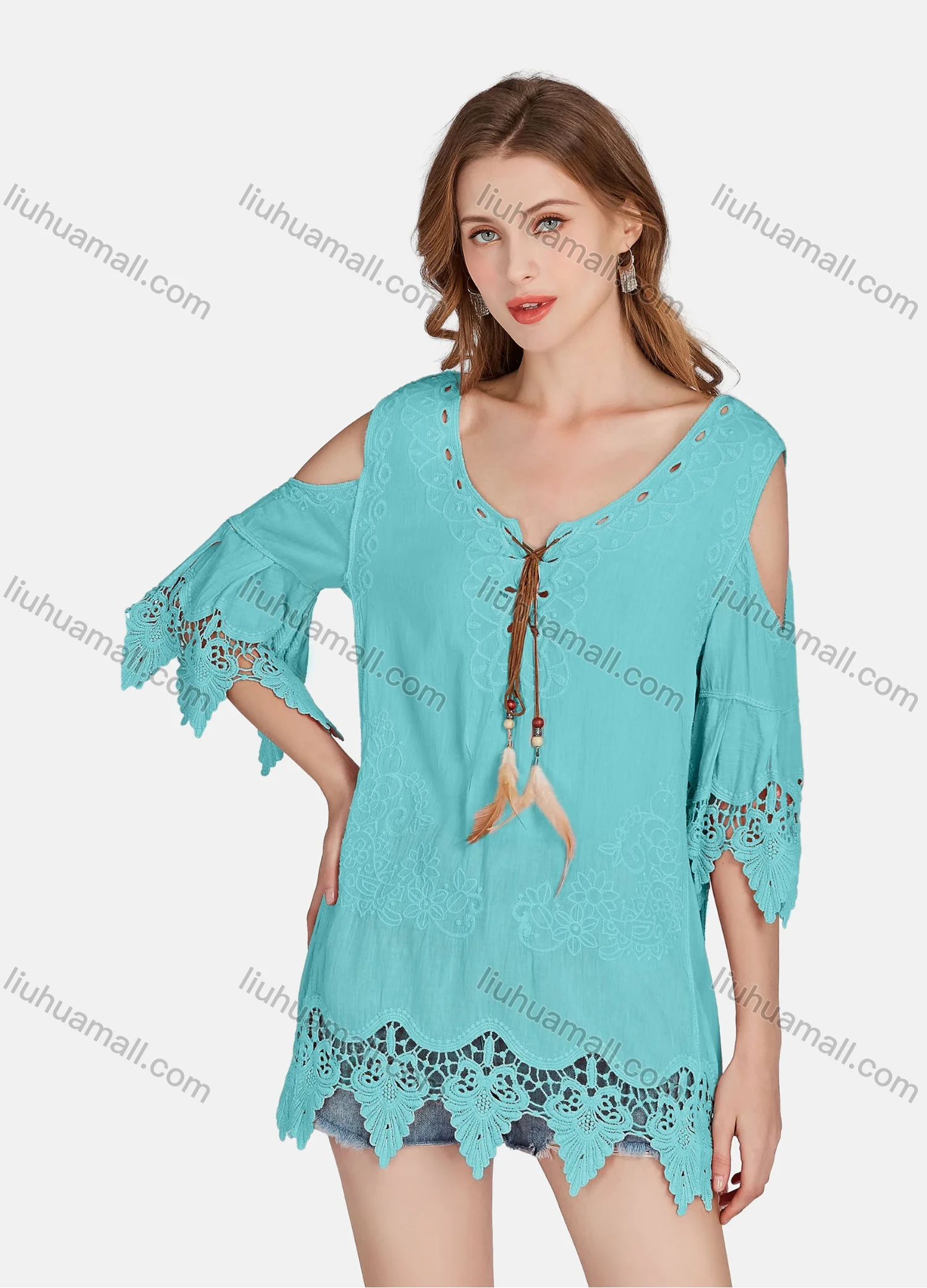 Wholesale Women's Casual Cold Shoulder Embroidered Tassel Lace Blouse 2002# - Liuhuamall