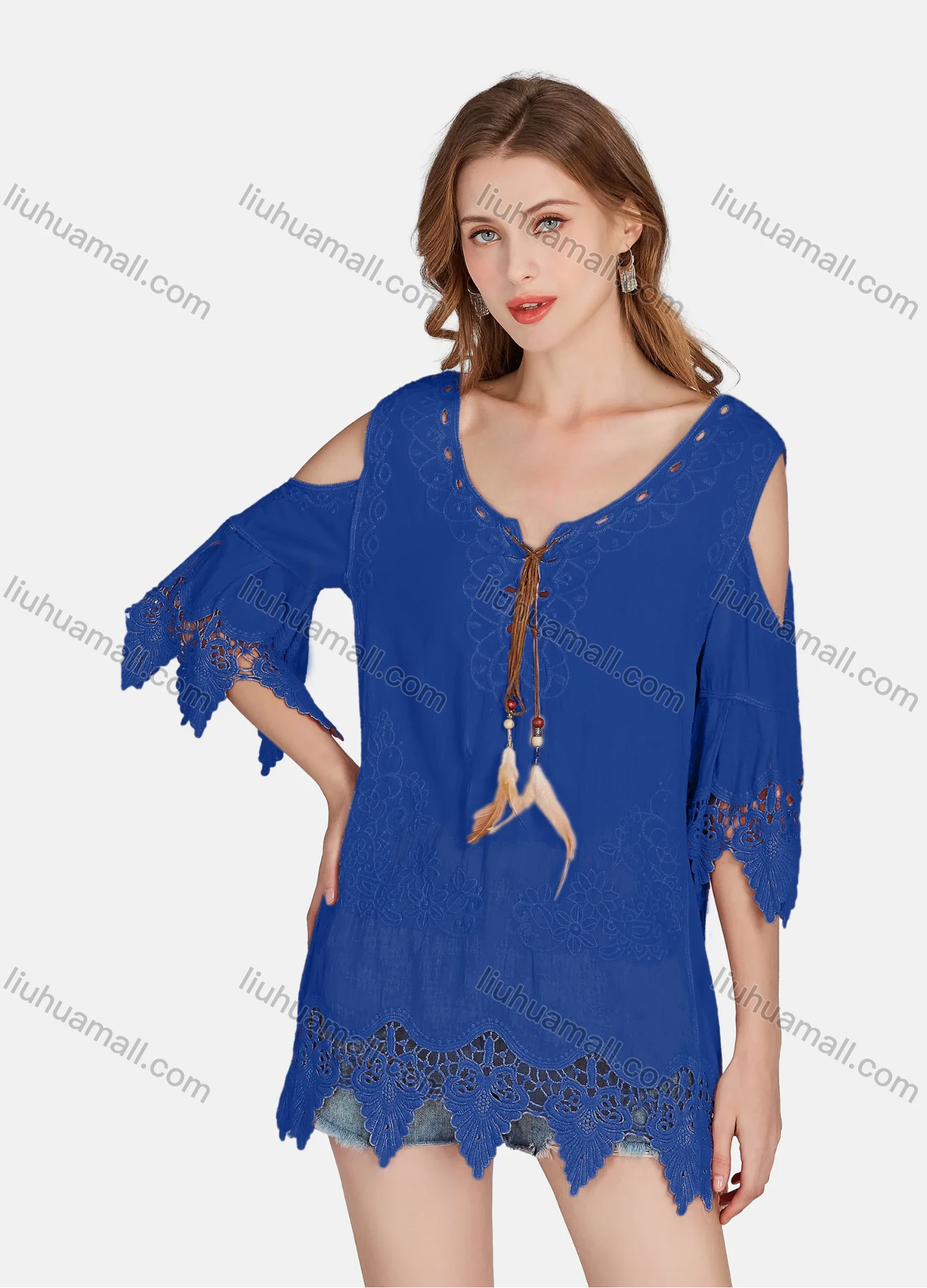 Wholesale Women's Casual Cold Shoulder Embroidered Tassel Lace Blouse 2002# - Liuhuamall