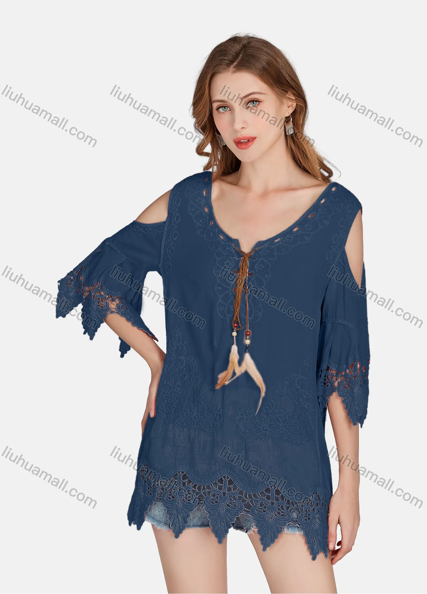 Wholesale Women's Casual Cold Shoulder Embroidered Tassel Lace Blouse 2002# - Liuhuamall