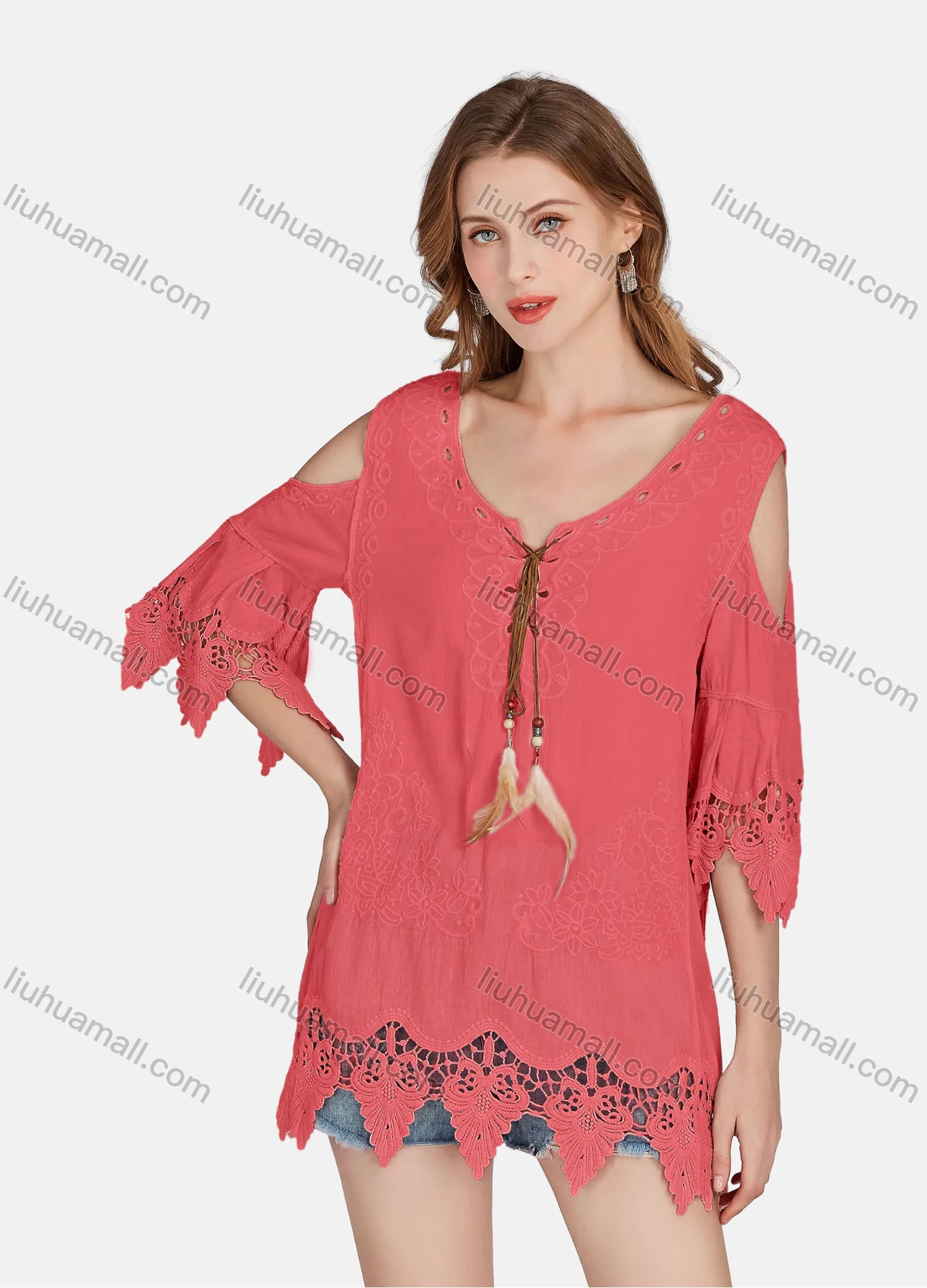 Wholesale Women's Casual Cold Shoulder Embroidered Tassel Lace Blouse 2002# - Liuhuamall