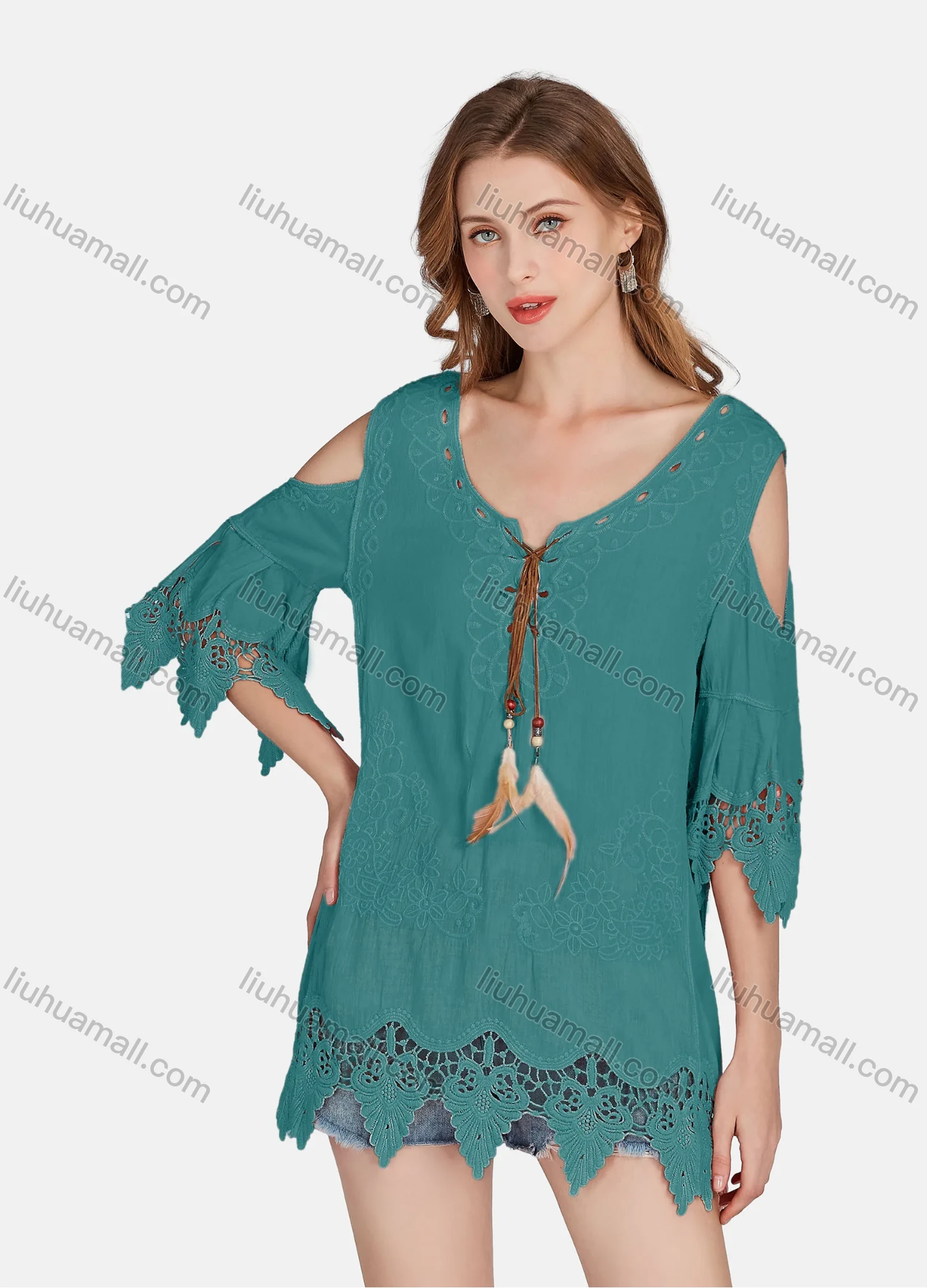 Wholesale Women's Casual Cold Shoulder Embroidered Tassel Lace Blouse 2002# - Liuhuamall