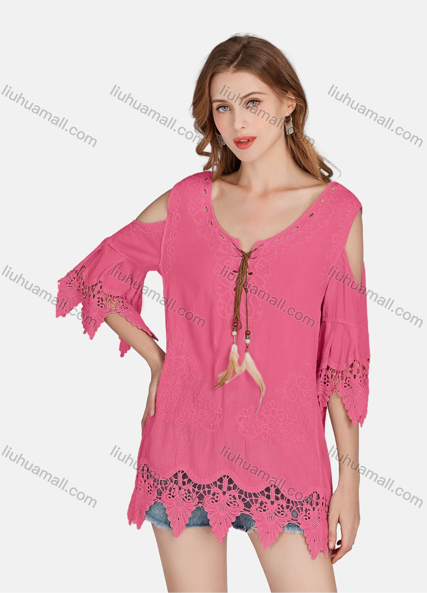 Wholesale Women's Casual Cold Shoulder Embroidered Tassel Lace Blouse 2002# - Liuhuamall