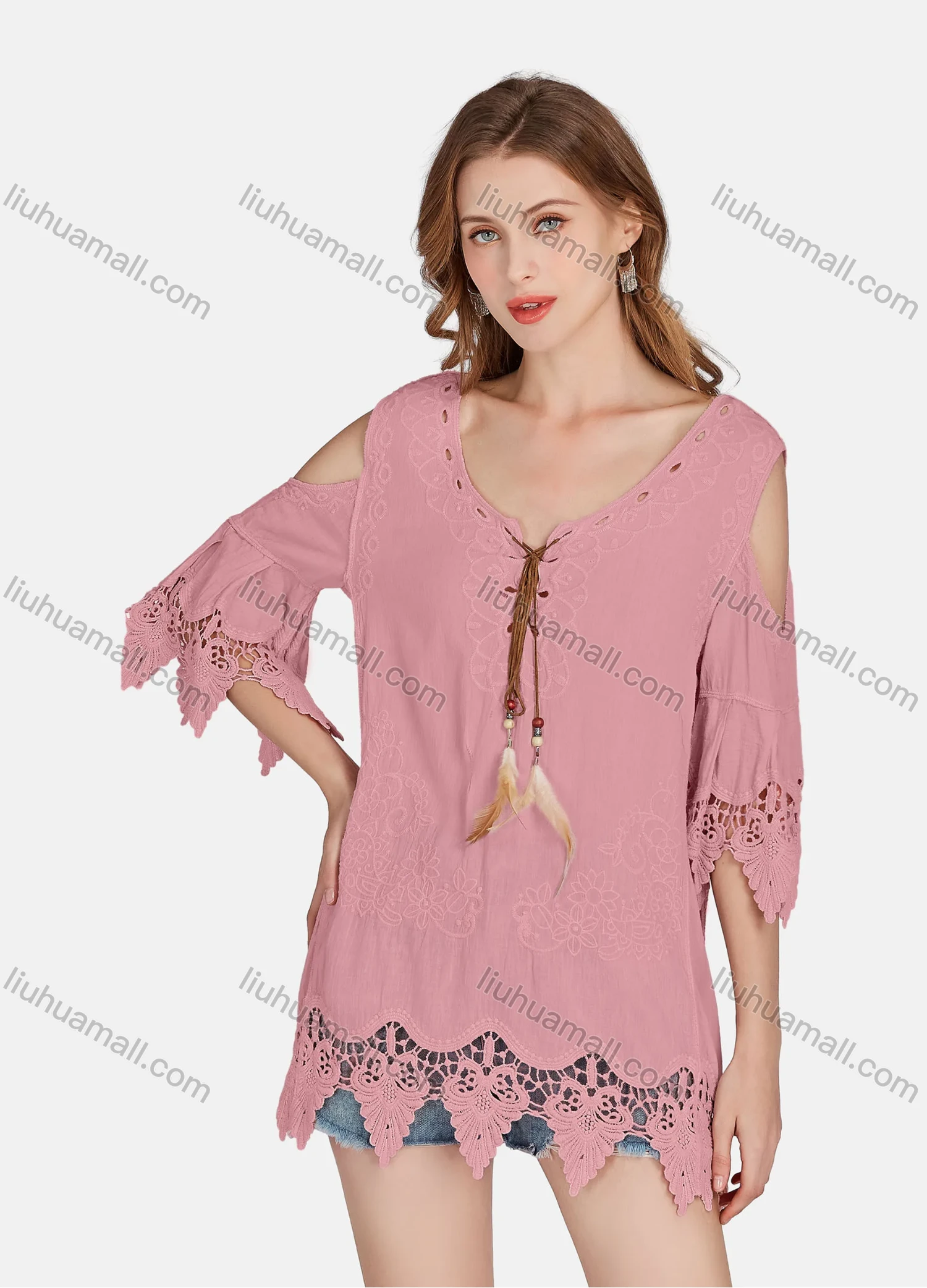 Wholesale Women's Casual Cold Shoulder Embroidered Tassel Lace Blouse 2002# - Liuhuamall