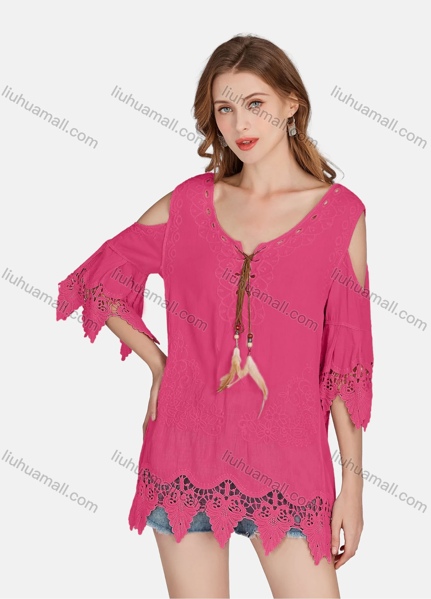 Wholesale Women's Casual Cold Shoulder Embroidered Tassel Lace Blouse 2002# - Liuhuamall