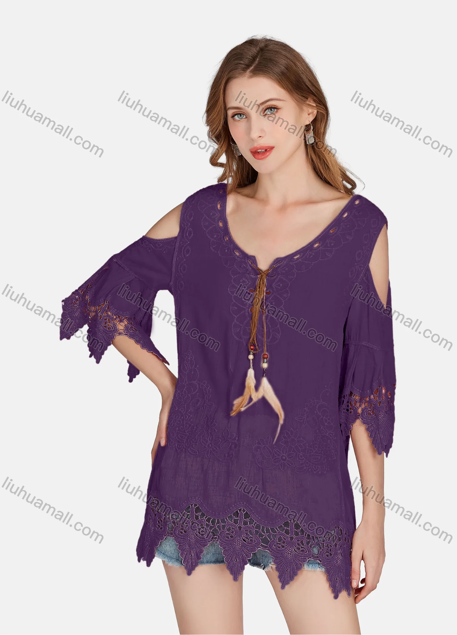 Wholesale Women's Casual Cold Shoulder Embroidered Tassel Lace Blouse 2002# - Liuhuamall