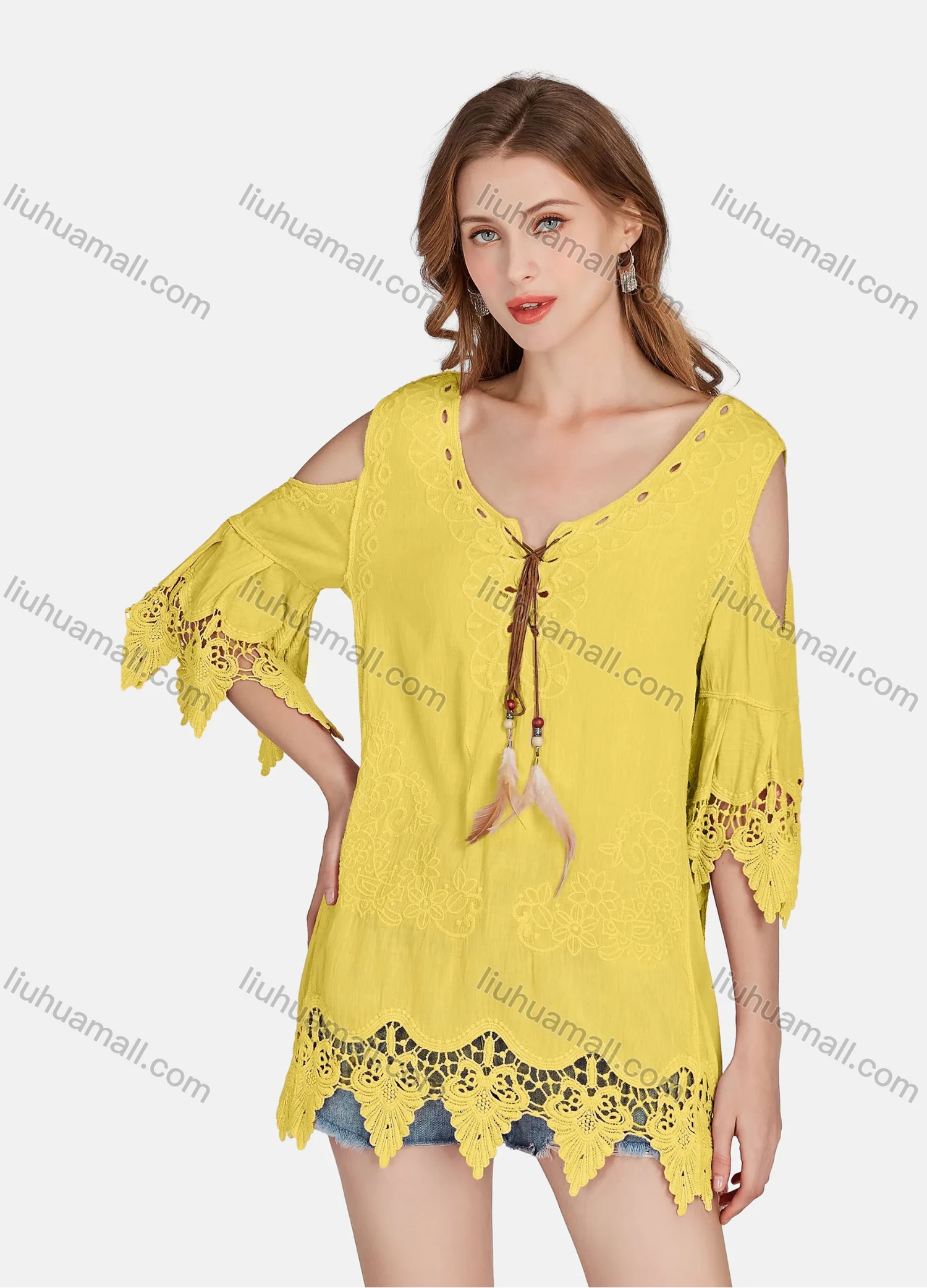 Wholesale Women's Casual Cold Shoulder Embroidered Tassel Lace Blouse 2002# - Liuhuamall