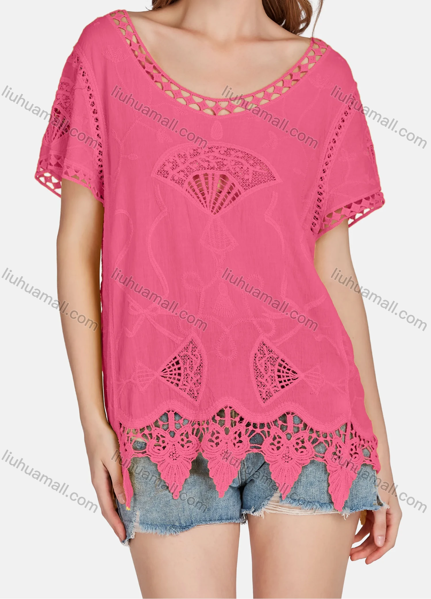 Wholesale Women's Casual Scoop Neck Embroidered Hollow Out Lace Blouse 2003# - Liuhuamall