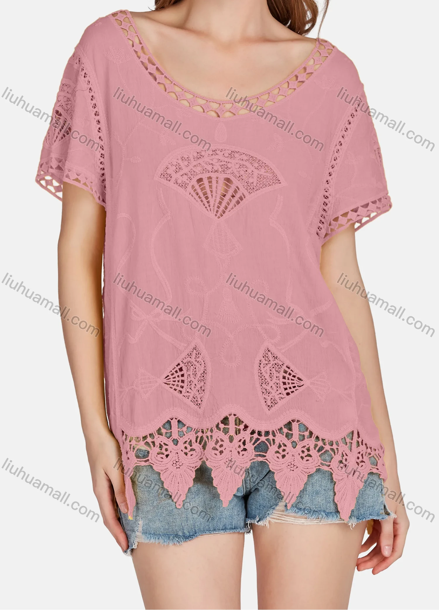 Wholesale Women's Casual Scoop Neck Embroidered Hollow Out Lace Blouse 2003# - Liuhuamall