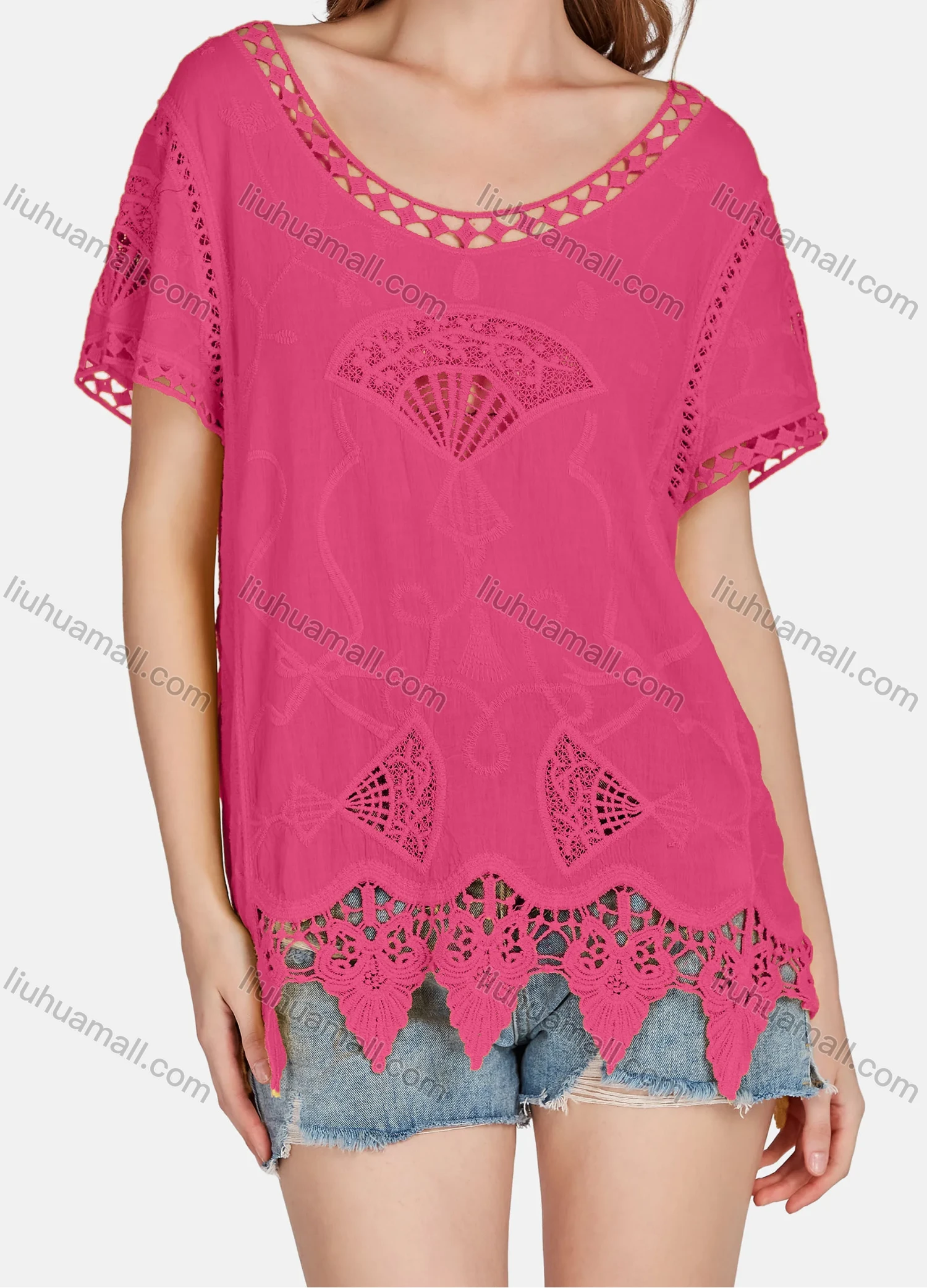 Wholesale Women's Casual Scoop Neck Embroidered Hollow Out Lace Blouse 2003# - Liuhuamall