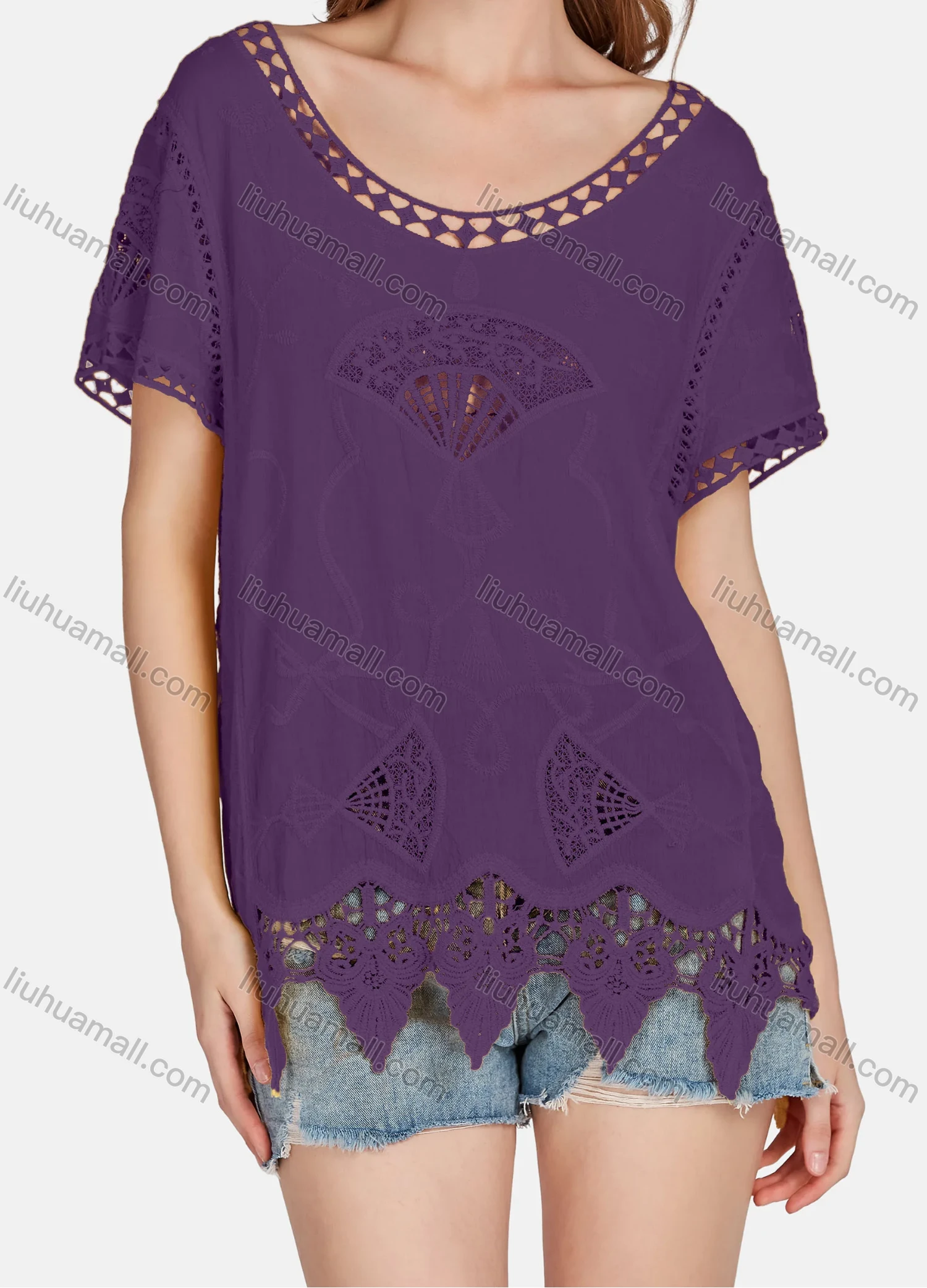 Wholesale Women's Casual Scoop Neck Embroidered Hollow Out Lace Blouse 2003# - Liuhuamall