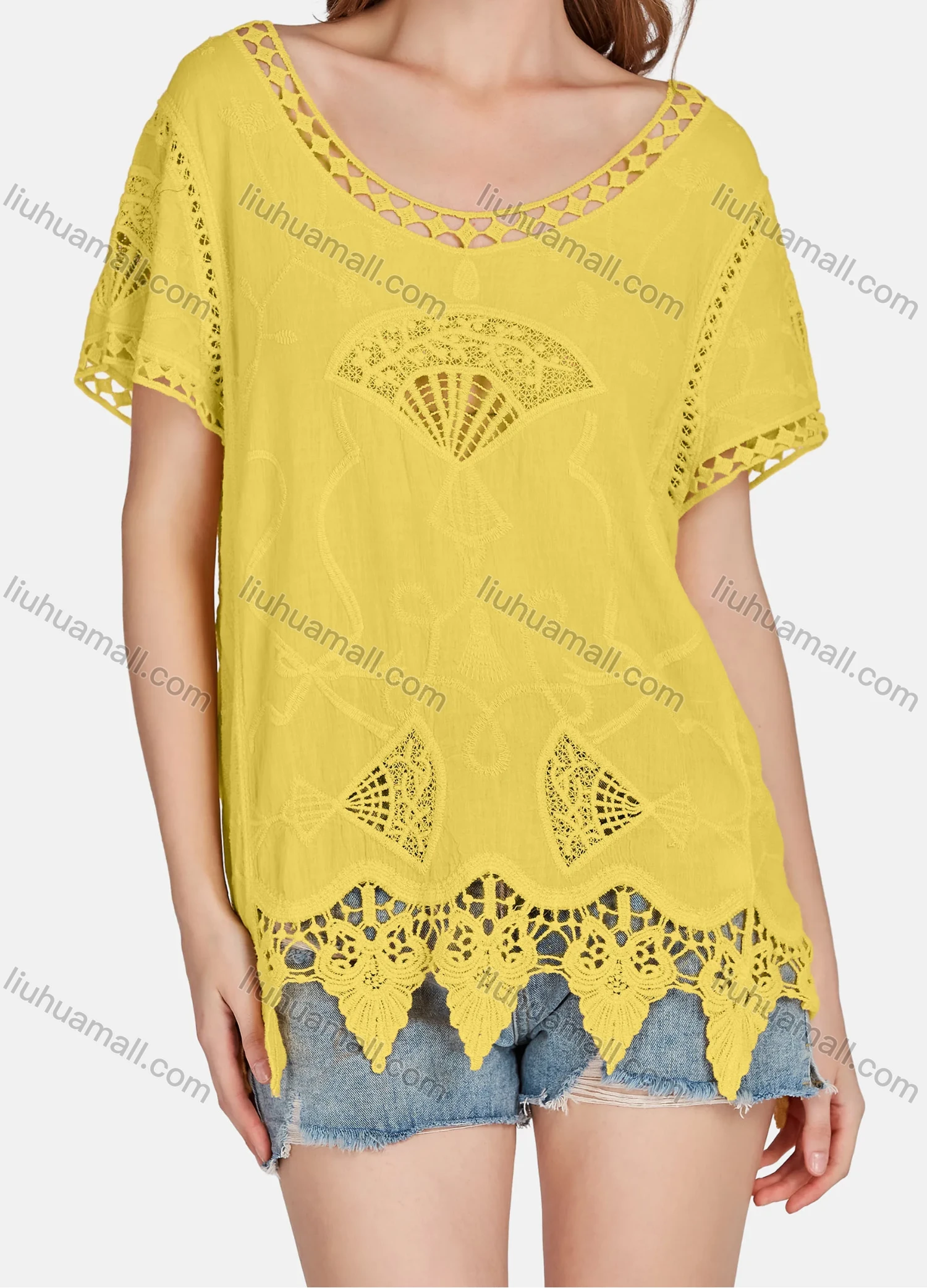 Wholesale Women's Casual Scoop Neck Embroidered Hollow Out Lace Blouse 2003# - Liuhuamall