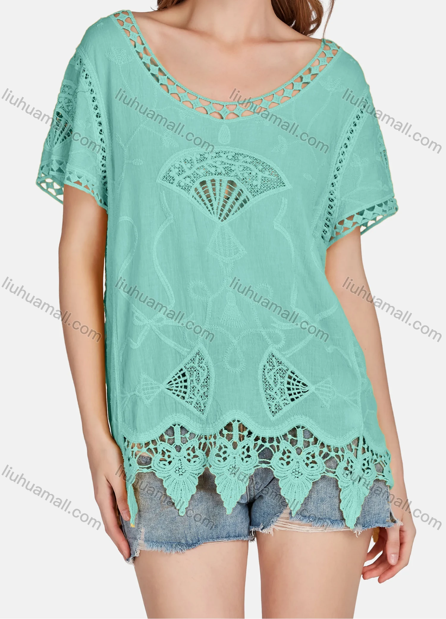 Wholesale Women's Casual Scoop Neck Embroidered Hollow Out Lace Blouse 2003# - Liuhuamall