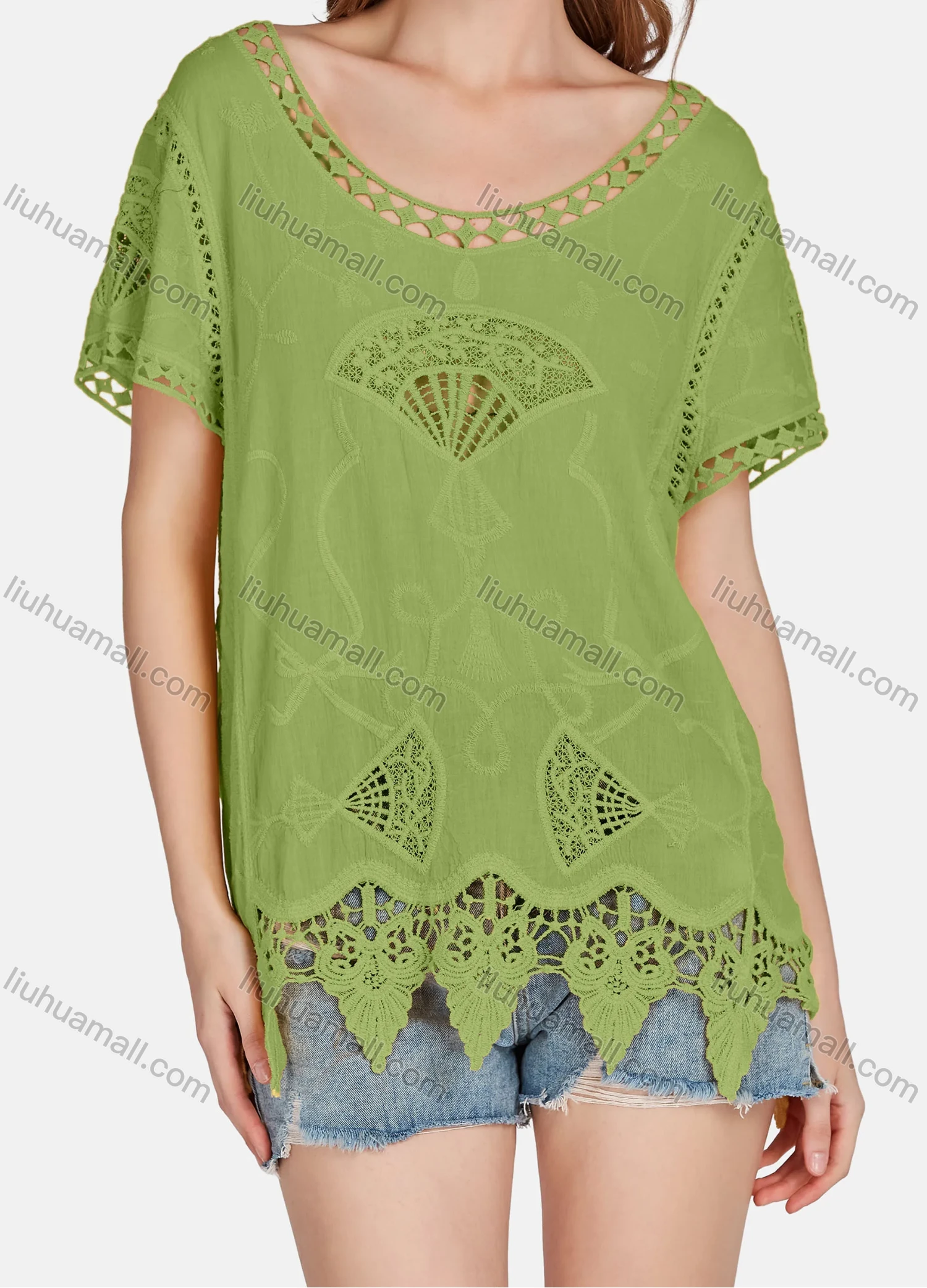 Wholesale Women's Casual Scoop Neck Embroidered Hollow Out Lace Blouse 2003# - Liuhuamall