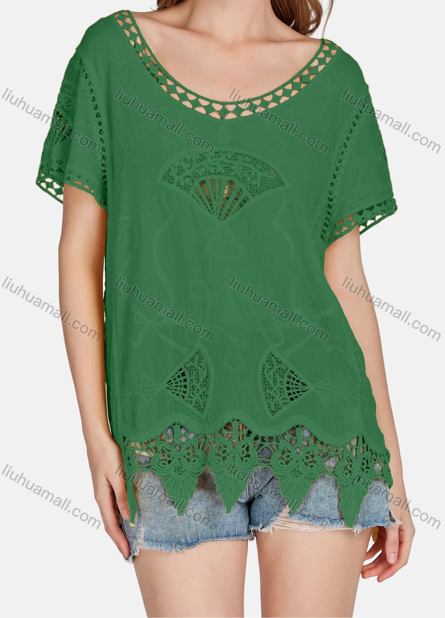 Wholesale Women's Casual Scoop Neck Embroidered Hollow Out Lace Blouse 2003# - Liuhuamall