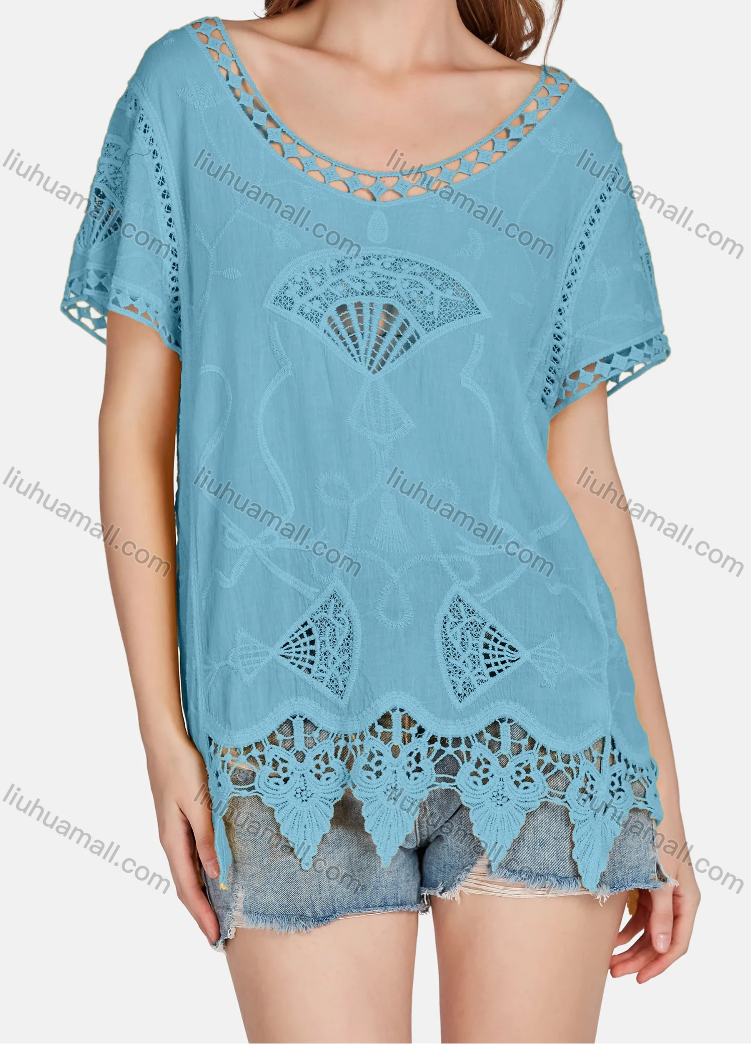 Wholesale Women's Casual Scoop Neck Embroidered Hollow Out Lace Blouse 2003# - Liuhuamall