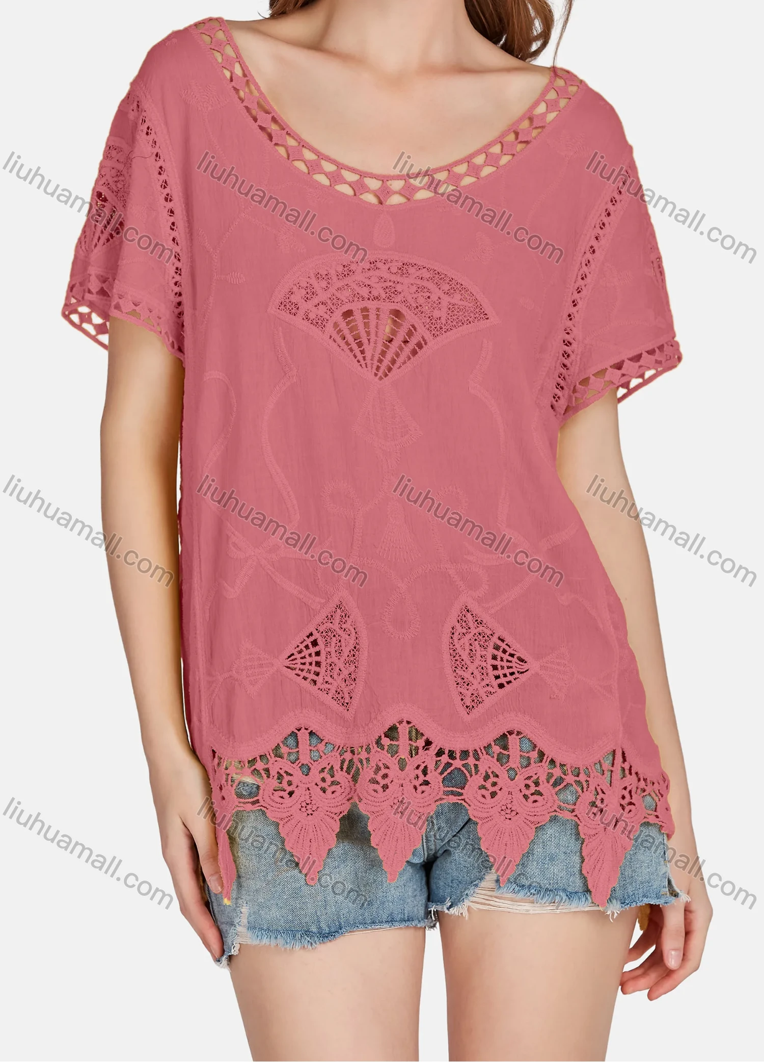 Wholesale Women's Casual Scoop Neck Embroidered Hollow Out Lace Blouse 2003# - Liuhuamall