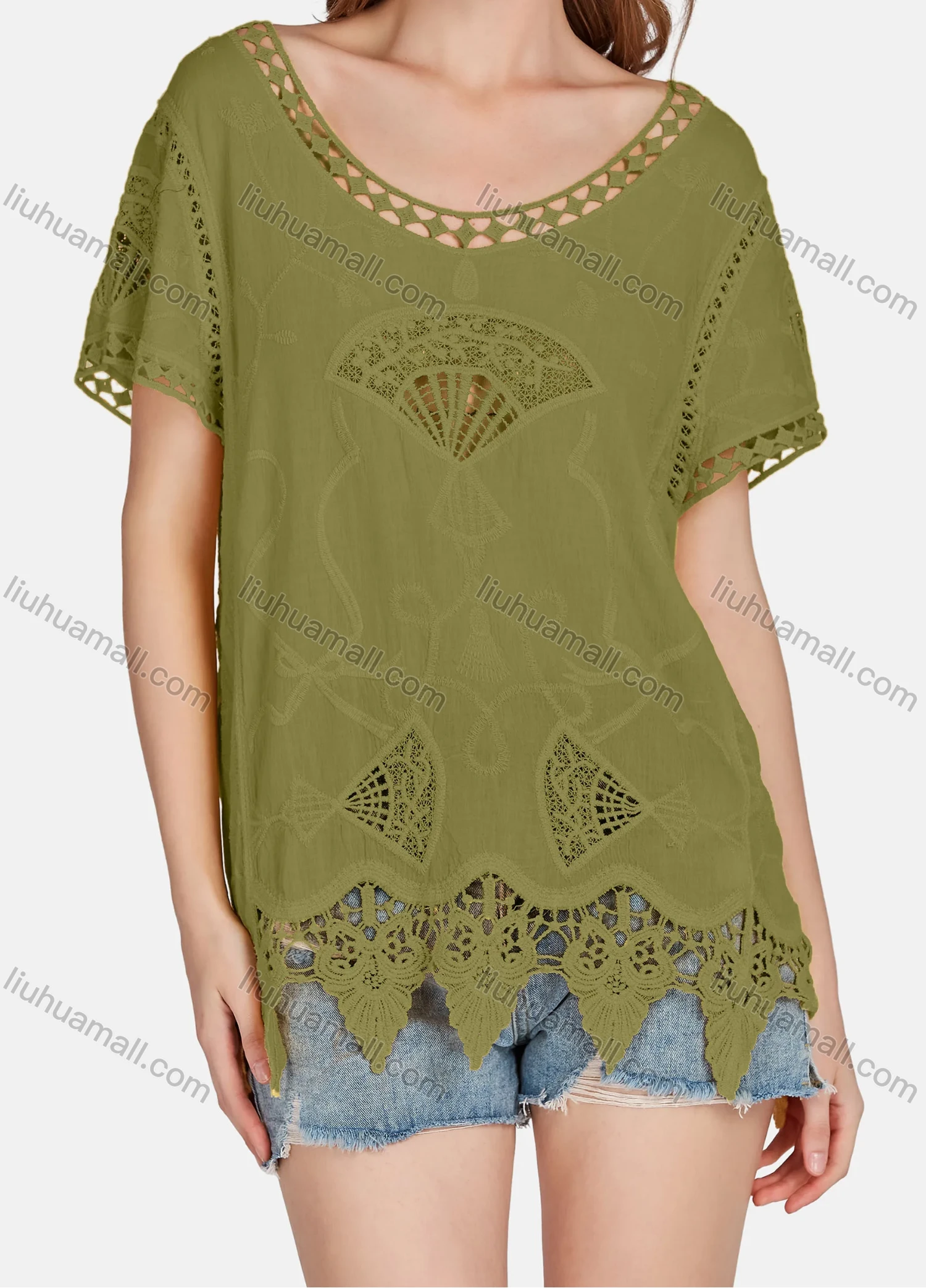 Wholesale Women's Casual Scoop Neck Embroidered Hollow Out Lace Blouse 2003# - Liuhuamall