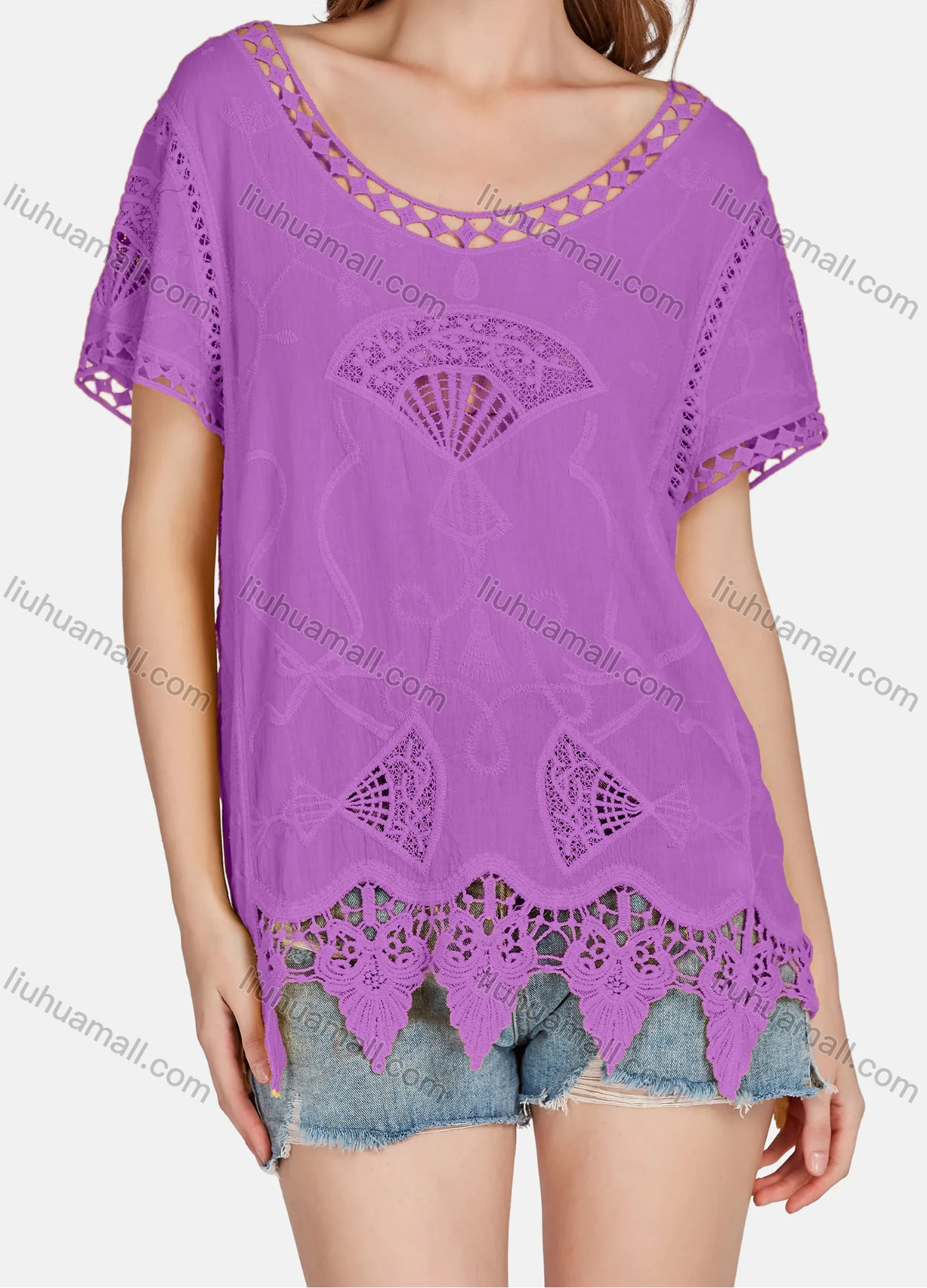 Wholesale Women's Casual Scoop Neck Embroidered Hollow Out Lace Blouse 2003# - Liuhuamall