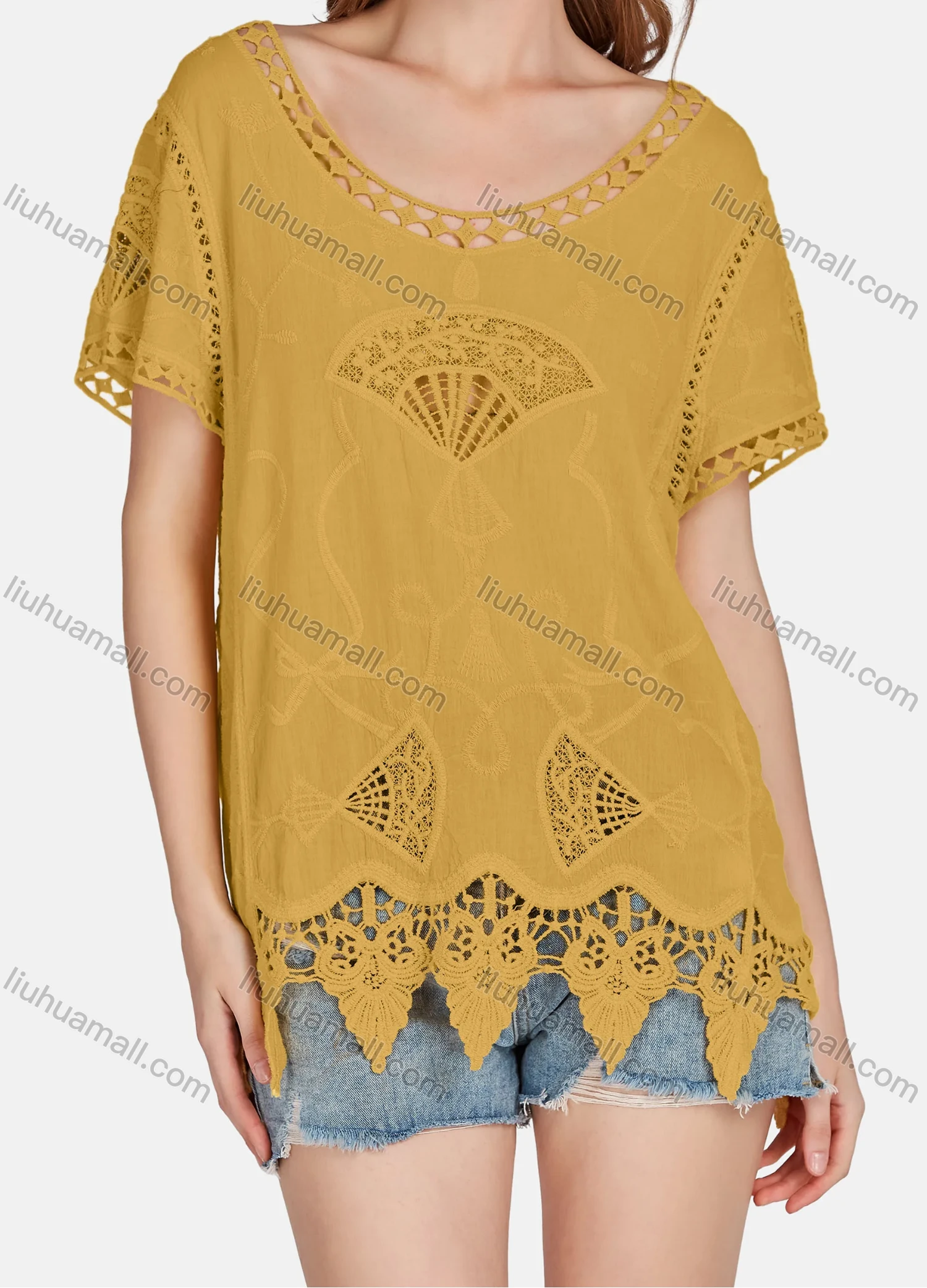 Wholesale Women's Casual Scoop Neck Embroidered Hollow Out Lace Blouse 2003# - Liuhuamall